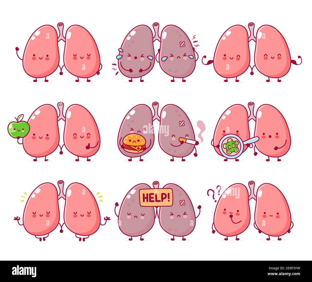 Nette lustige menschliche Lunge Organ Charakter-Set-Sammlung. Vektor flache Linie Cartoon kawaii Figur Illustration Symbol. Isoliert auf weißem Hintergrund. Lunge Organ Charakter Bundle Konzept Stock Vektor