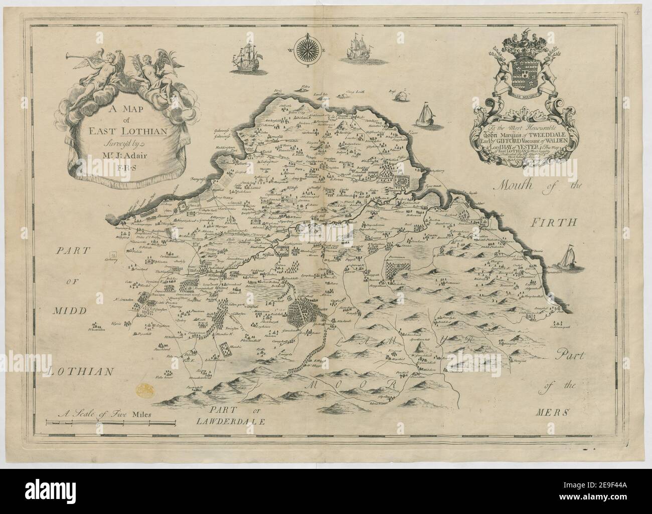 Eine KARTE von EAST LOTHIAN Autor Adair, John 49,88. Erscheinungsort: [Edinburgh] Verlag: Rich.d Cooper, Erscheinungsdatum: [1736.] Objekttyp: 1 Karte Medium: Kupferstich Maße: 46 x 66 cm ehemaliger Besitzer: George III, König von Großbritannien, 1738-1820 Stockfoto