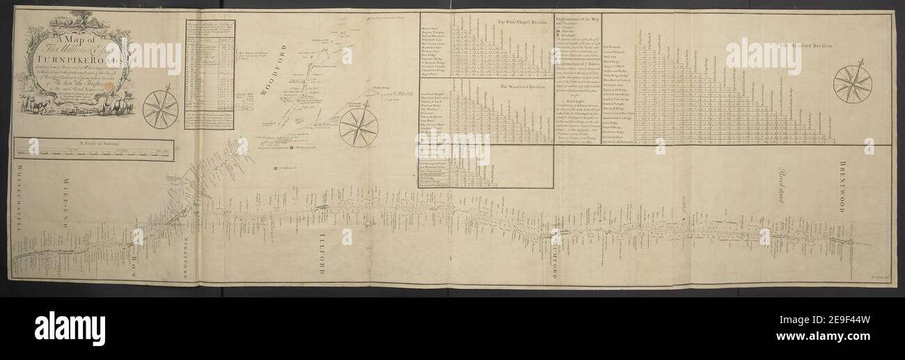 Eine Karte der Middlesex & Essex Turnpike Straßen Autor Mynde, James 5,101. Erscheinungsort: [London] Verlag: [Unidentified Publisher]., Erscheinungsdatum: [1740 c.] Art des Artikels: 1 Karte auf 4 Blatt Medium: Kupferstich Maße: 55,0 x 182,3 cm ehemaliger Besitzer: George III, König von Großbritannien, 1738-1820 Stockfoto