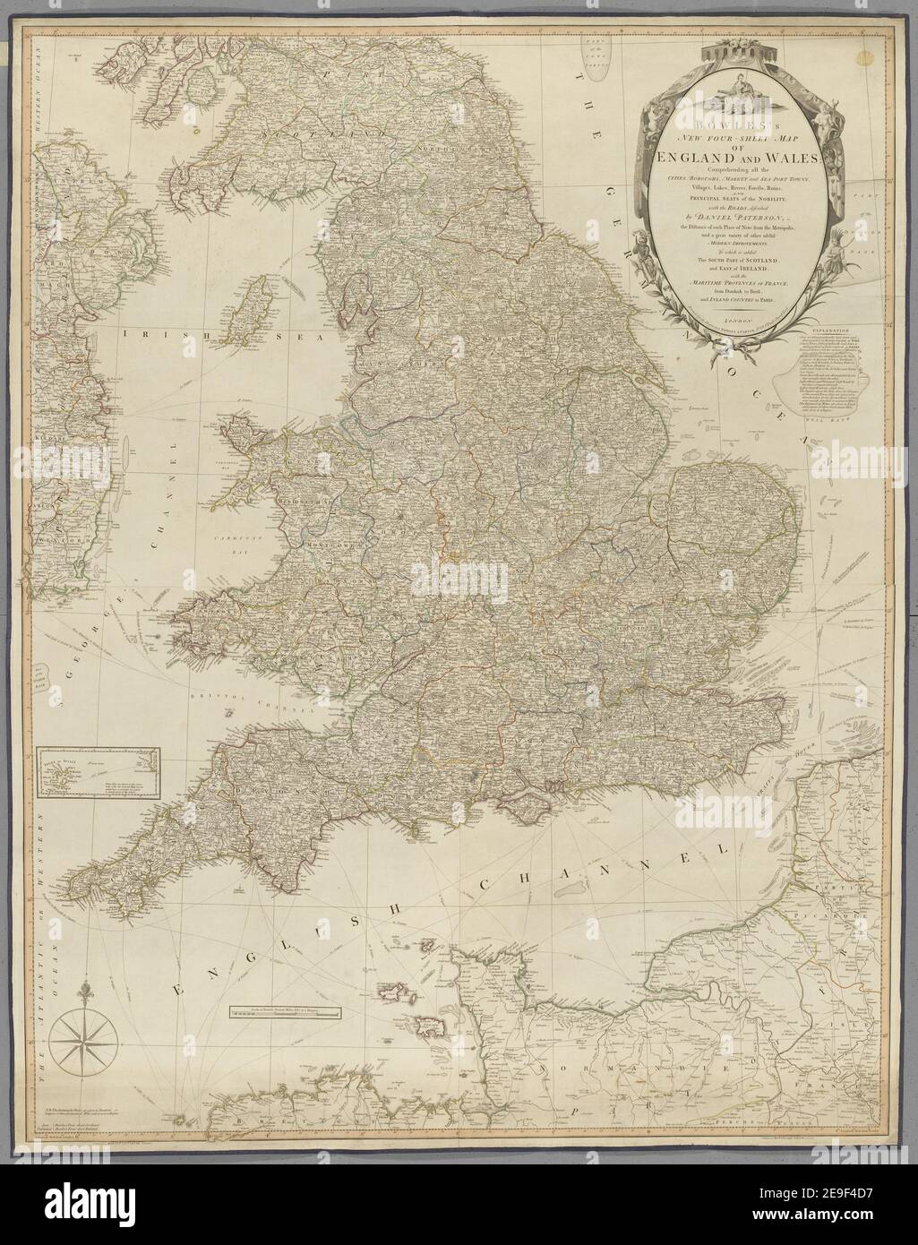 Bowles's neue Vierblattkarte von England und Wales ... mit den Straßen, beschrieben von D. Paterson ... Maßstab britischer Meilen, 40 = 120 mm Karteninformationen: Titel: Bowles's neue Vierblattkarte von England und Wales ... mit den Straßen, beschrieben von D. Paterson ... Maßstab der britischen Meilen, 40[ = 120 mm] 5.72.2 TAB. Erscheinungsort: London Verlag: Bowles , Carver, Erscheinungsdatum: 1796. Art des Artikels: 2 Sh Maße: 1005 x 640 mm ehemaliger Besitzer: George III, König von Großbritannien, 1738-1820 Stockfoto