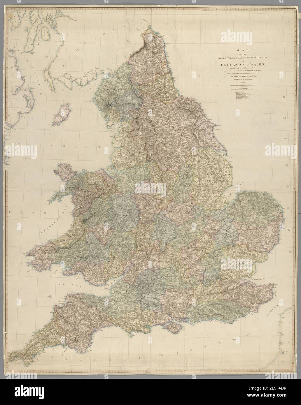 Karte der Hügel, Flüsse, Kanäle und Hauptstraßen von England und Wales, auf einer Skala von sechs Meilen bis zu einem Zoll, zusammengestellt von A. Arrowsmith, 1813: Mit Ergänzungen und Korrekturen zu 1814, 15. Karteninformationen: Titel: Karte der Hügel, Flüsse, Kanäle und Hauptstraßen von England und Wales, auf einer Skala von sechs Meilen bis ein Zoll; zusammengestellt von A. Arrowsmith, 1813: Mit Ergänzungen und Korrekturen zu 1814, 15. 5.73.2 TAB.ENDE. Art des Artikels: 4 Blatt. Ehemaliger Besitzer: George III., König von Großbritannien, 1738-1820 Stockfoto