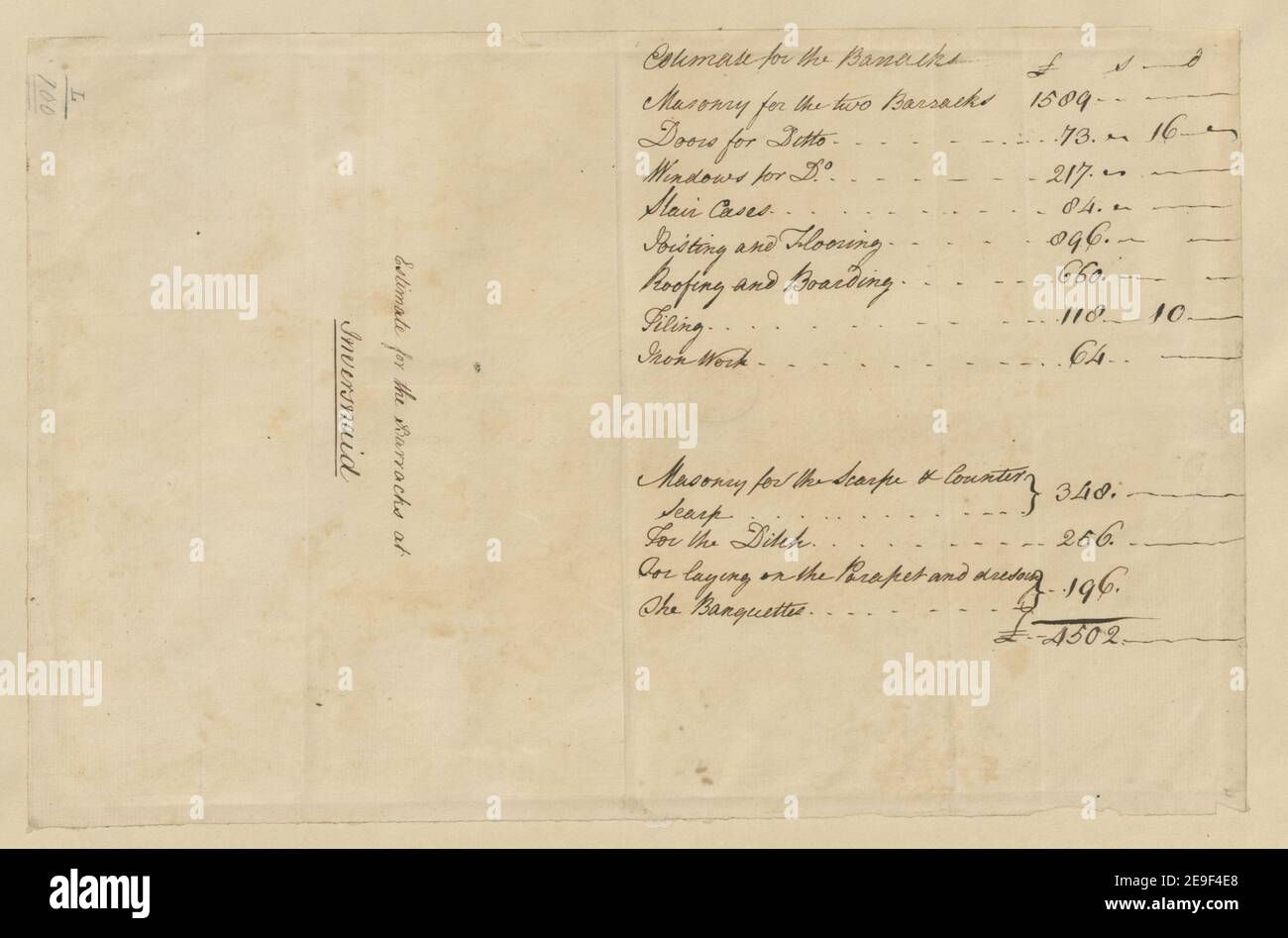 Schätzung für eine Kaserne in Inversnaid, Ft Augustus . Autor Watson, David 50,100.a. Erscheinungsort: [Scotland] Verlag: [David Watson] Erscheinungsdatum: [Um 1749] Objekttyp: 1 Blatt Medium: Manuskript Maße: 21 x 31,4 cm Ex-Besitzer: George III, King of Great Britain, 1738-1820 Stockfoto