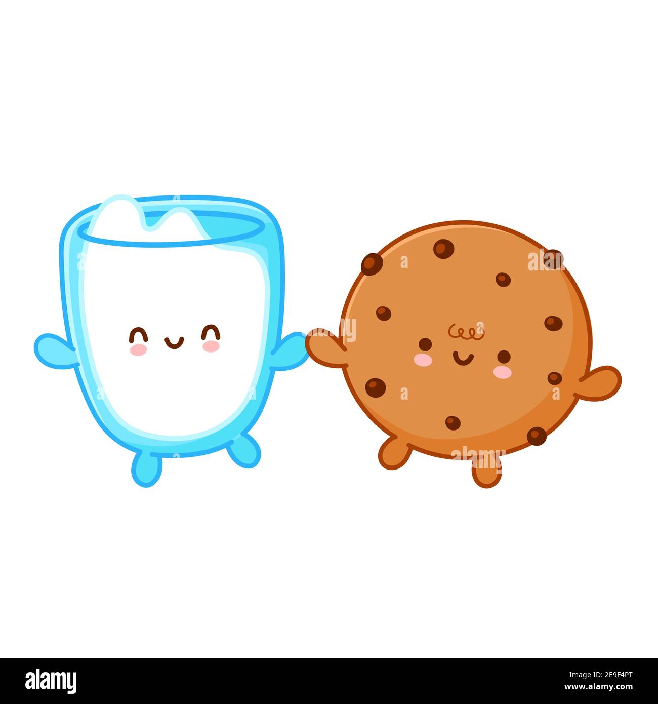 Niedliche lustige Plätzchen mit Schokoladenstückchen und Milchglas. Vektor flache Linie Cartoon kawaii Figur Illustration Symbol. Isoliert auf weißem Hintergrund. Hausgemachter Cookie Charakter Konzept Stock Vektor