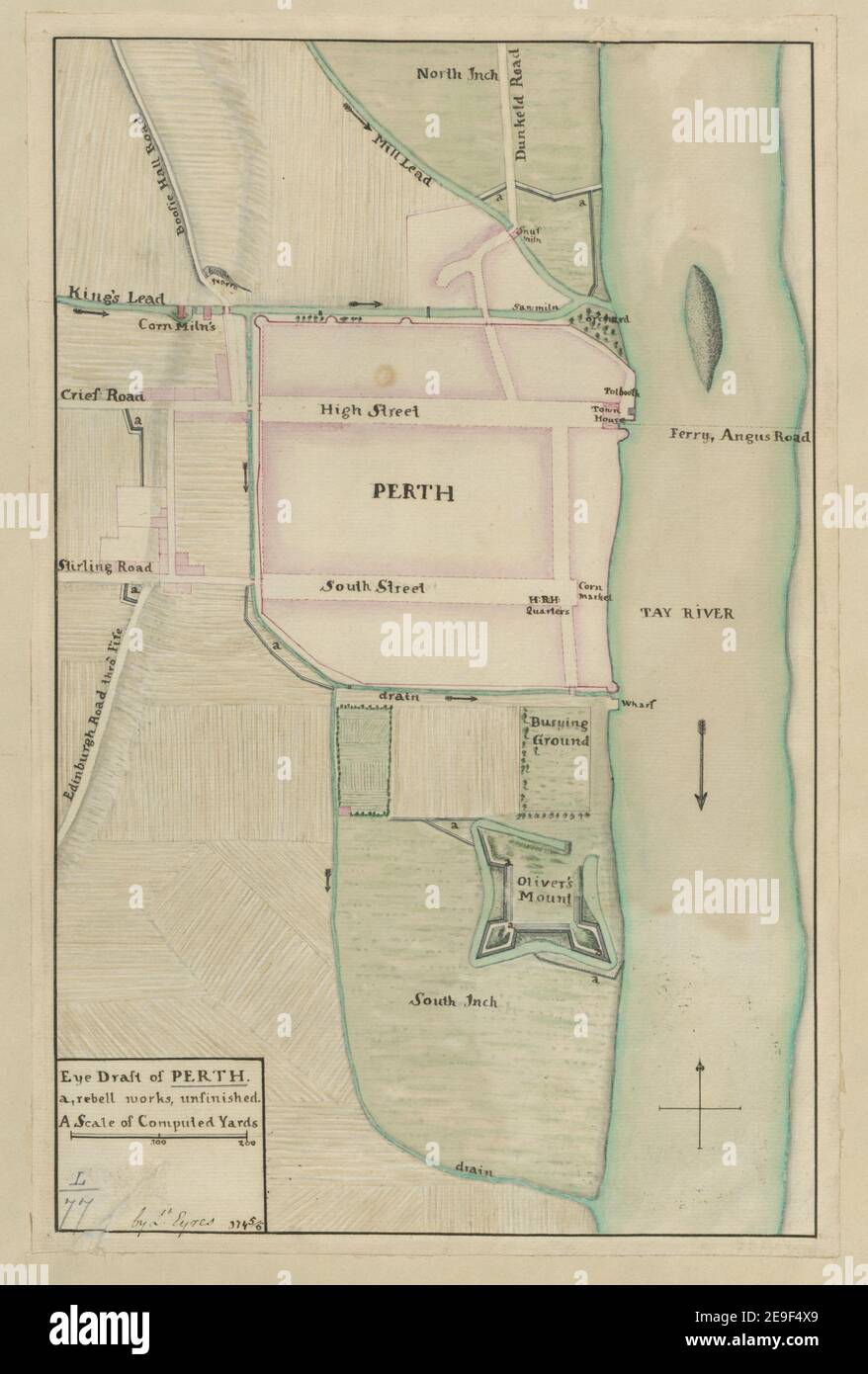 Eye Draft of PERTH. A, rebell Works, Unfinished Karteninformationen: Titel: Eye Draft of PERTH. A, rebell Works, Unfinished 50,77. Ort der Veröffentlichung: [Perth?] Verlag: Von L.t Eyres 1745/6, Erscheinungsdatum: [1746.] Objekttyp: 1 Karte Medium: Handschriftenstift und Tinte mit Aquarell Maße: 34 x 22 cm ehemaliger Besitzer: George III, König von Großbritannien, 1738-1820 Stockfoto