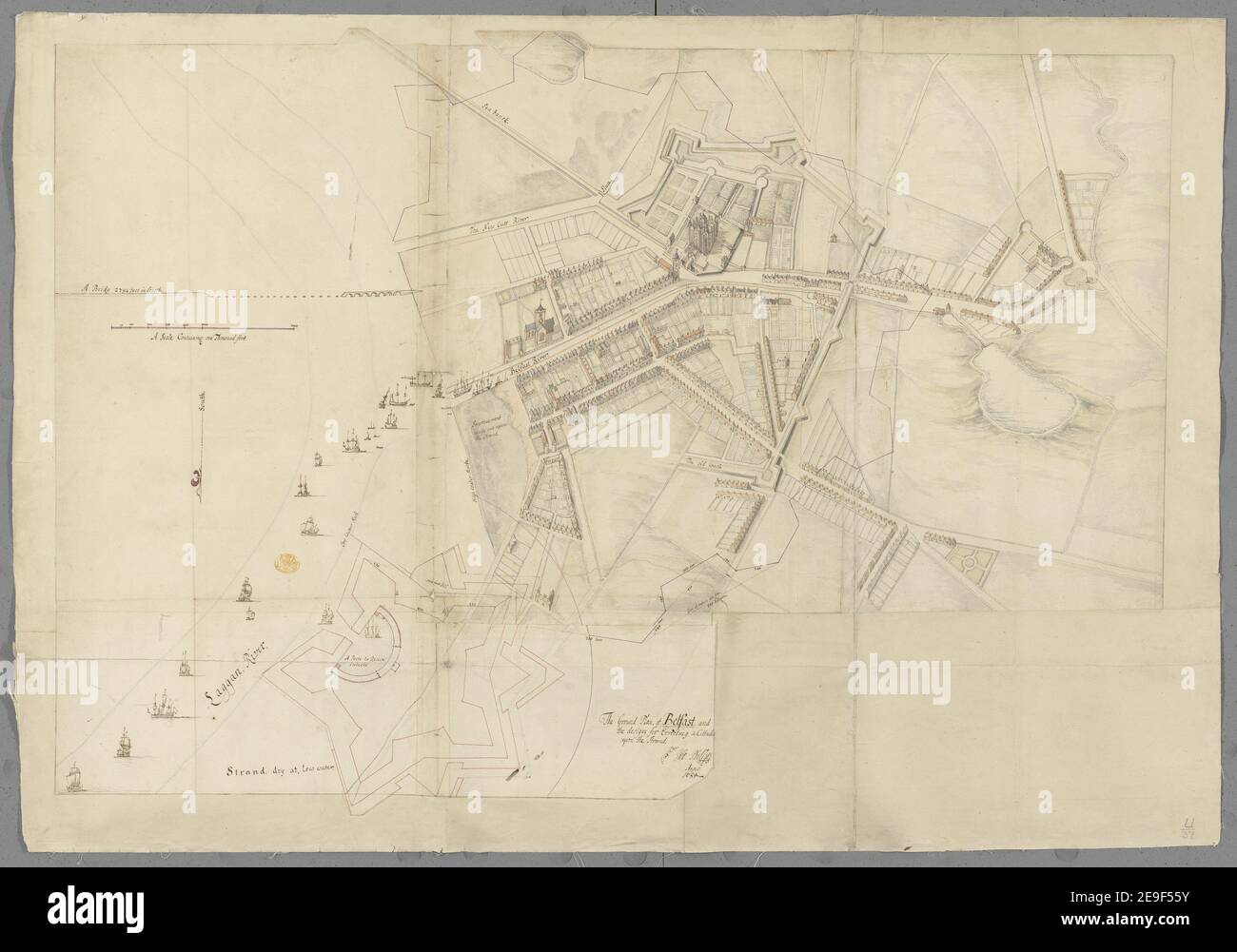 Der Grundriss von Belfast, und das Design für die Erektion einer Zitadelle auf dem Strand Autor Phillips, Thomas 51,37.CAB,4. Erscheinungsort: [Nordirland] Verlag: Tho. Phillips, Erscheinungsdatum: anno 1685. Objekttyp: 1 Karte Medium: Handkolorierte Feder- und Tuschezeichnung auf unregelmäßig geformtem Blatt Maße: 75 x 106 cm ehemaliger Besitzer: George III., König von Großbritannien, 1738-1820 Stockfoto