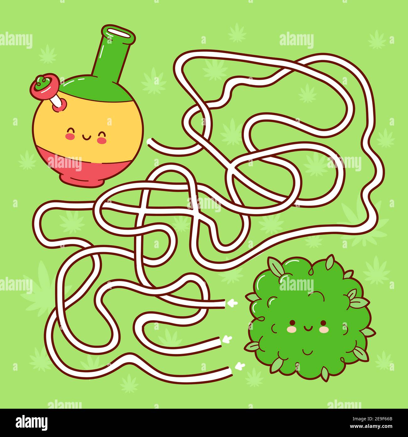 Nette lustige Labyrinth Labyrinth-Spiel. Hilfe Unkraut Marihuana Knospe finden Bong. Labyrinth-Spiel für Kinder. Vektor flache Linie Cartoon kawaii Figur Illustration Symbol. Labyrinth Labyrinth Labyrinth Spiel Konzept Stock Vektor
