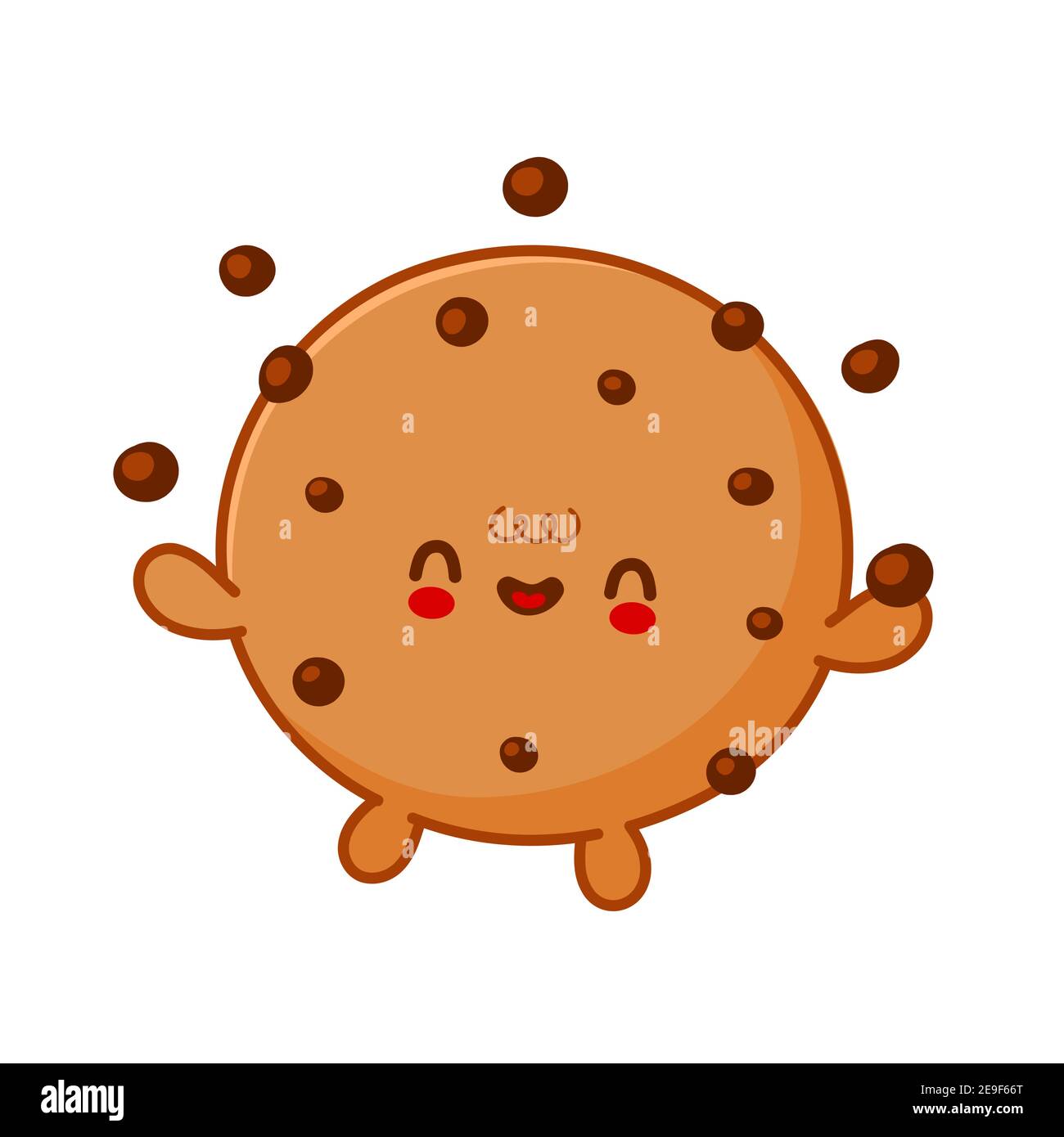 Nette lustige Plätzchen jonglieren Schokolade Chips. Vektor flache Linie Cartoon kawaii Figur Illustration Symbol. Isoliert auf weißem Hintergrund. Hausgemachter Cookie Charakter Konzept Stock Vektor