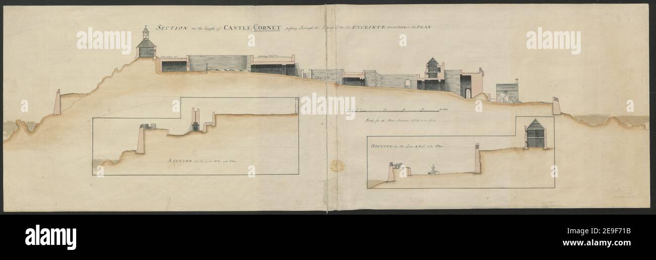 Abschnitt auf der Länge des Schlosses Cornet durch die Passage der Alten Enceinte markiert b.b.B. im Plan. Autor Romer, Wolfgang William 55,66. Ort der Veröffentlichung: [Guernsey ?] Herausgeber: [W. W. Romer] Erscheinungsdatum: [1700-1713 c.] Art des Artikels: 1 Druck Medium: Stift und Tinte mit Aquarell Maße: Blatt 28,0 x 89,0 cm ehemaliger Besitzer: George III, König von Großbritannien, 1738-1820 Stockfoto