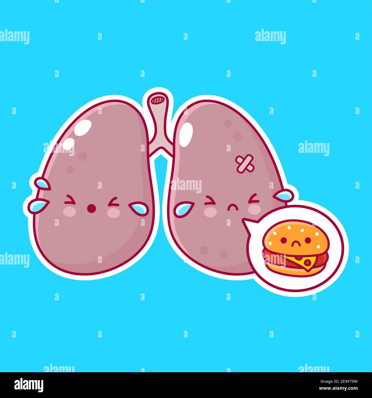Cute krank weinen menschlichen Lungen Organ Charakter mit Burger in Sprechblase. Vektor flache Linie Cartoon kawaii Figur Illustration Symbol. Lunge Organ Charakter Konzept Stock Vektor