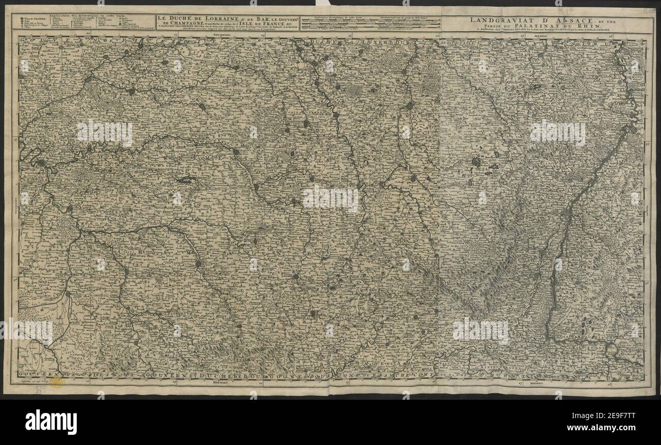 LE DUCHEÃÅ DE LORRAINE & DE BAR LE GOUVERN.T DE CHAMPAGNE et une Partie de celui de l'ISLE DE FRANCE &C. LANDGRAVIAT D'ALSACE, ET UNE PARTIE DU PALATINAT DU RHIN. Autor Allard, Carel 57,23 Erscheinungsort: A AMSTERDAM Verlag: chez CHARLES ALLARD sur le Dam avec Privilege de L.H.P. Nosehn.s les Etats de Hollande et de Westfrise, Erscheinungsdatum: [Zwischen 1690 und 1710] Objekttyp: 1 Karte Medium: Kupferstich, gedruckt auf zwei Blättern Maße: 45 x 83,7 cm ehemaliger Besitzer: George III., König von Großbritannien, 1738-1820 Stockfoto