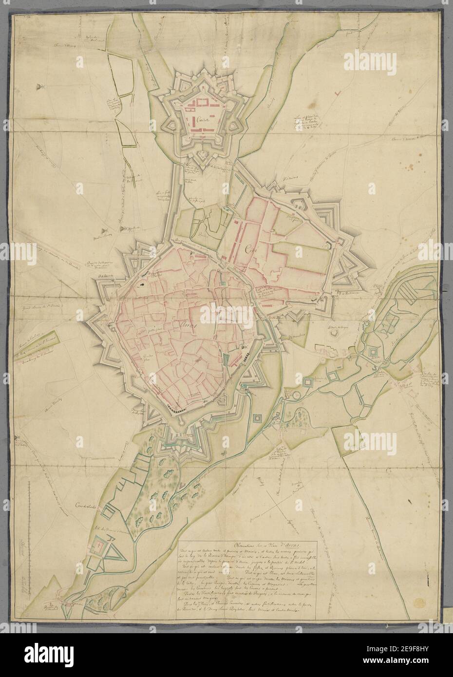 Ein handgezeichneter Plan der Stadt und Zitadelle von Arras, Frankreich. Karteninformationen: Titel: [Ein handgezeichneter Plan der Stadt und Zitadelle von Arras, Frankreich]. 58,68. Erscheinungsort: [Frankreich] Verlag: [Produzent nicht identifiziert] Erscheinungsdatum: [Ca. 1680] Objekttyp: 1 Karte auf 2 Blatt Medium: Handkolorierte Feder- und Tuschezeichnung Maße: 104 x 74 cm, Blätter 52 x 74 cm ehemaliger Besitzer: George III., König von Großbritannien, 1738-1820 Stockfoto