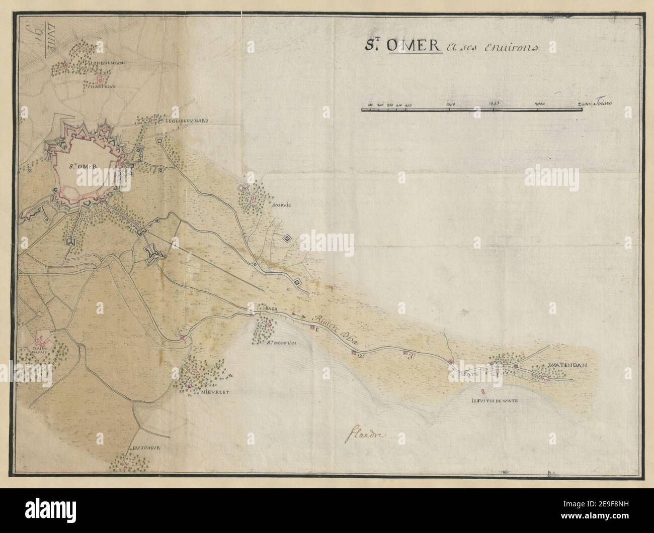 ST. OMER et ses environs. Karteninformationen: Titel: ST. OMER et ses environs. 58,91. Erscheinungsdatum: [Ca. 1700] Objekttyp: 1 Karte Medium: Tusche und Wäsche Maße: 29,5 x 40 cm ehemaliger Besitzer: George III., König von Großbritannien, 1738-1820 Stockfoto