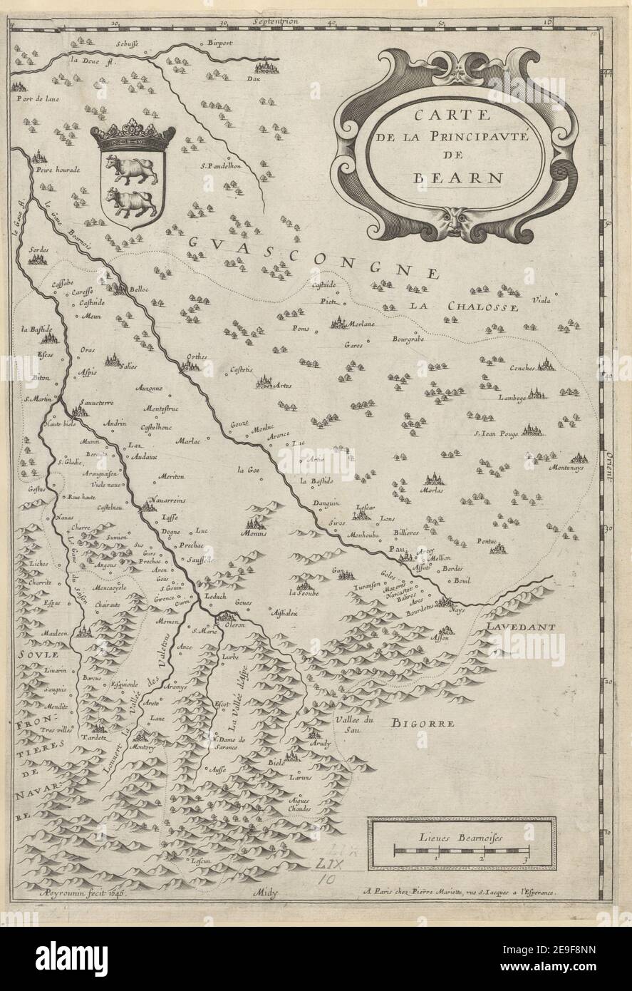 PRINCIPATVS BENEARNIA = LA PRINCIPAVTE DE BEARN. Karteninformationen: Titel: PRINCIPATVS BENEARNIA = LA PRINCIPAVTE DE BEARN. 59,11. Erscheinungsort: [Amsterdam] Verlag: Guiljel. Blaeu exc., Erscheinungsdatum: [Zwischen 1600 und 1650] Objekttyp: 1 Karte Medium: Kupferstich Maße: 38,4 x 25,4 cm (rechte Seite abgeschnitten) ehemaliger Besitzer: George III, König von Großbritannien, 1738-1820 Stockfoto