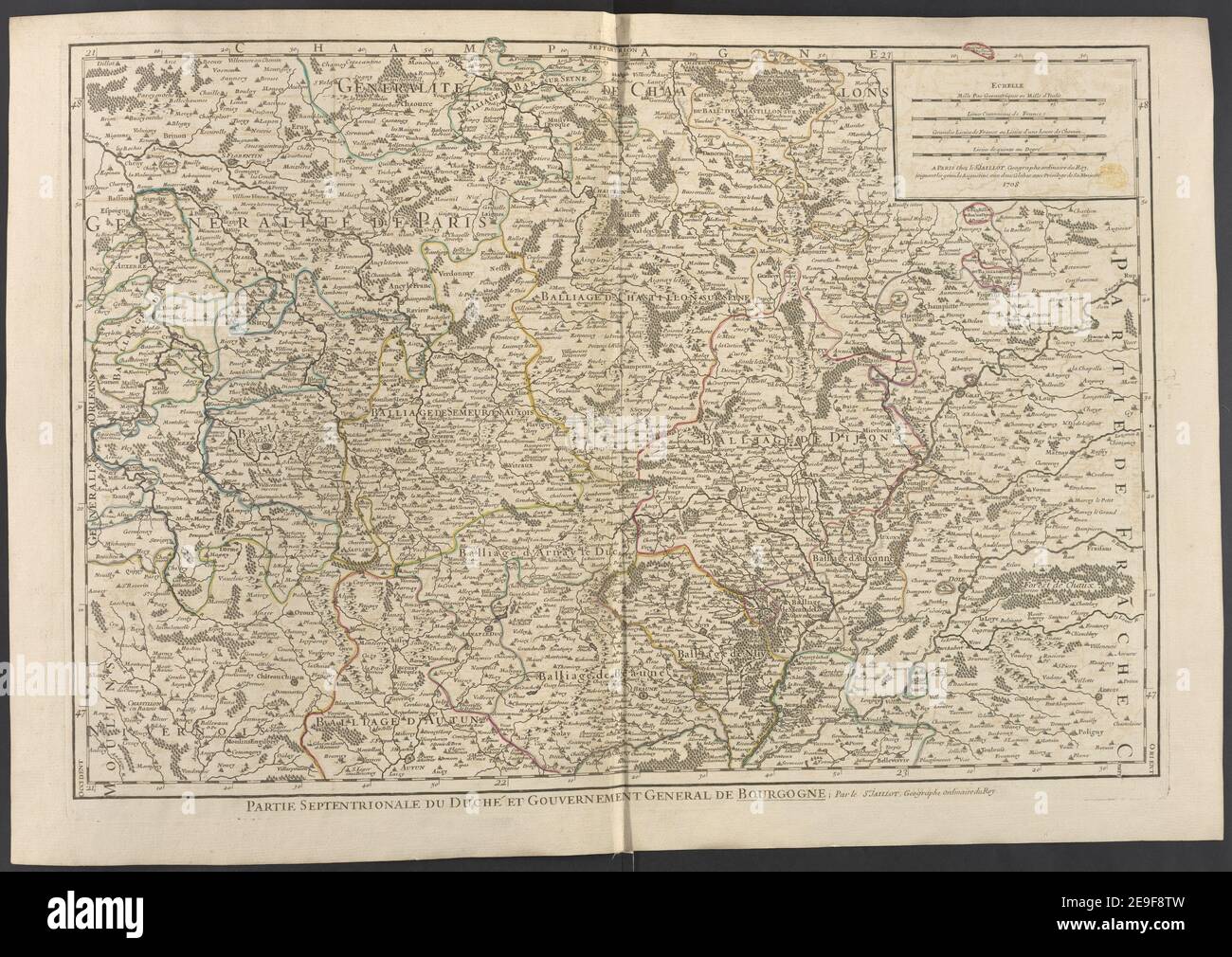 PARTIE SEPTENTRIONALE DU DUCHEÃÅ ET GOUVERNEMENT GENERAL DE BOURGOGNE. Autor Jaillot, Alexis Hubert 59,23.I. Erscheinungsort: A PARIS Verlag: Chez le Sr. JAILLOT, Geographe ordinaire du Roy, Joignant les grands Augustins, aux deux Globes, avec Privilege de Sa MajesteÃÅ, Erscheinungsdatum: 1708. Objekttyp: 1 Karte Medium: Handkolorierter Kupferstich Maße: 48,5 x 70 cm ehemaliger Besitzer: George III, König von Großbritannien, 1738-1820 Stockfoto