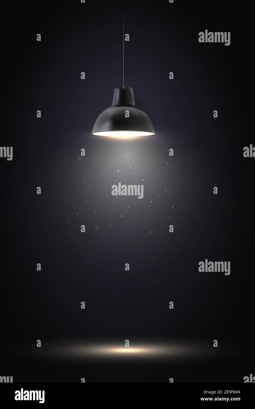 Lampe im dunklen Raum. Spotlight auf schwarzem Hintergrund. Platz für Text oder Produktpräsentation. Stock Vektor