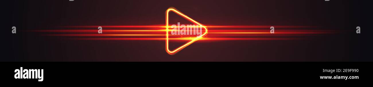 Breites Gaming-Banner mit leuchtendem Triangle Play-Symbol. Neonlichter Linie Hintergrund. Stock Vektor