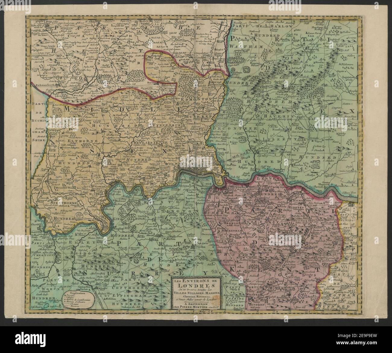 Les Environs de Londres Autor Mortier, Pieter 6,85. Erscheinungsort: A Amsterdam Verlag: Chez Pierre Mortier Avec Privit., Erscheinungsdatum: [1720s c.] Objekttyp: 1 Karte Medium: Kupferstich mit Handkolorierung Maße: 47,2 x 53,2 cm ehemaliger Besitzer: George III, König von Großbritannien, 1738-1820 Stockfoto