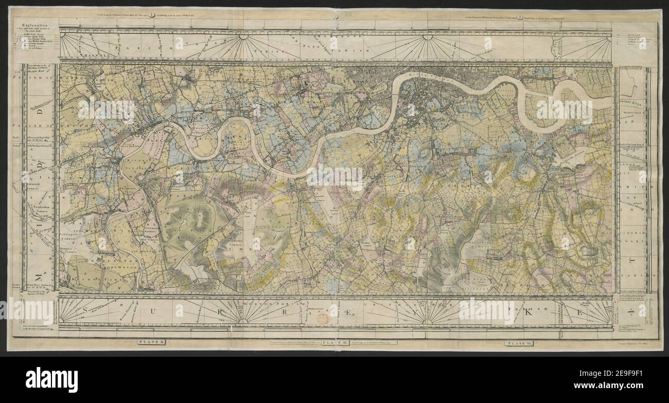 Milne's Plan der Städte London und Westminster, umlaufend Städte und Gemeinden &c, festgelegt aus einer trigonometrischen Übersicht in den Jahren genommen 1795 1799. Autor Milne, Thomas 6,95. Erscheinungsort: London Verlag: Printed for , Published by Thomas Milne, No. 7 New-Street Knightsbridge, as the Act directs. 11th. März, Erscheinungsdatum: 1800. Objekttyp: 1 Karte auf 6 Blatt Medium: Kupferstich mit Handkolorierung Maße: 109,2 x 136,3 cm ehemaliger Besitzer: George III, König von Großbritannien, 1738-1820 Stockfoto