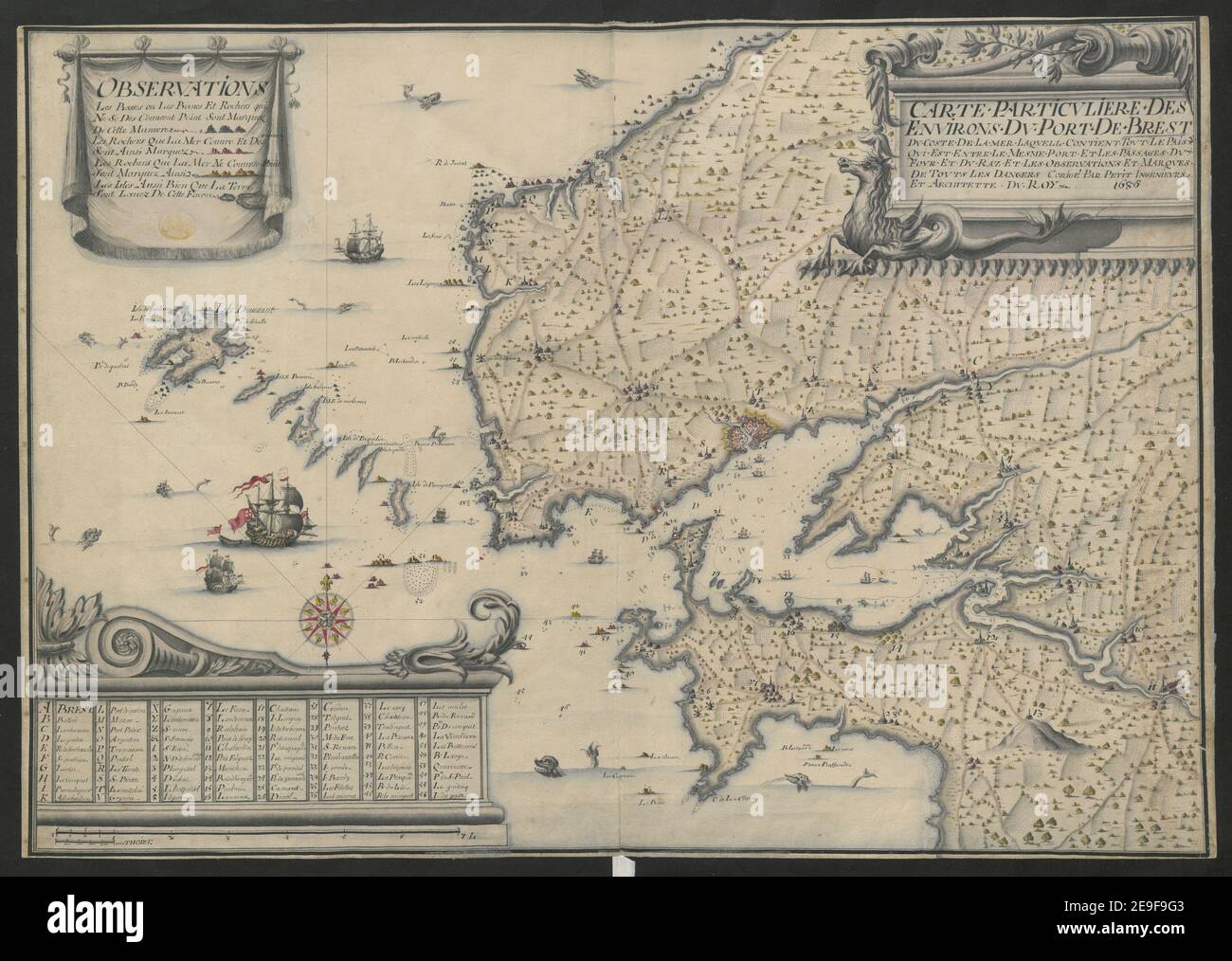 CARTE PARTICVLIERE DES ENVIRONS DV PORT DE BREST AUTOR PETIT 60,2. Datum der Veröffentlichung: 1686. Objekttyp: 1 Karte Medium: Tusche und Wasch Maße: 48,7 x 69,4 cm ehemaliger Besitzer: George III, König von Großbritannien, 1738-1820 Stockfoto