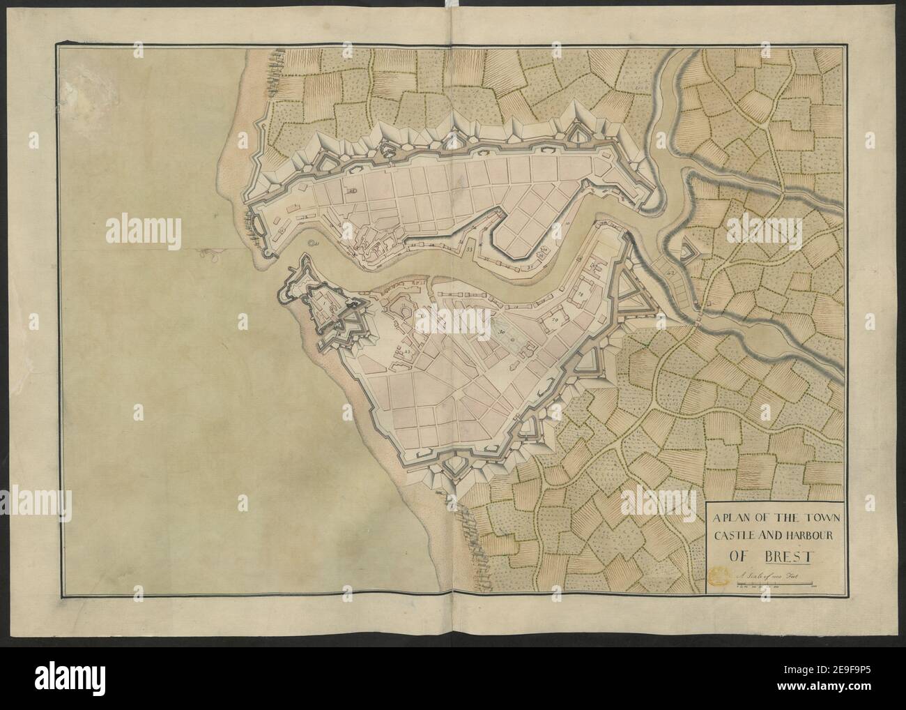 DER PLAN DER STÄDTISCHEN BURG UND DES HAFENS BRESTS. KARTENINFORMATION: TITEL: EIN PLAN DER STADTBURG UND DES HAFENS VON BREST. 60,7. Erscheinungsdatum: [Ca. 1700] Objekttyp: 1 Karte Medium: Tusche und Wäsche Maße: 45,3 x 65,3 cm ehemaliger Besitzer: George III., König von Großbritannien, 1738-1820 Stockfoto