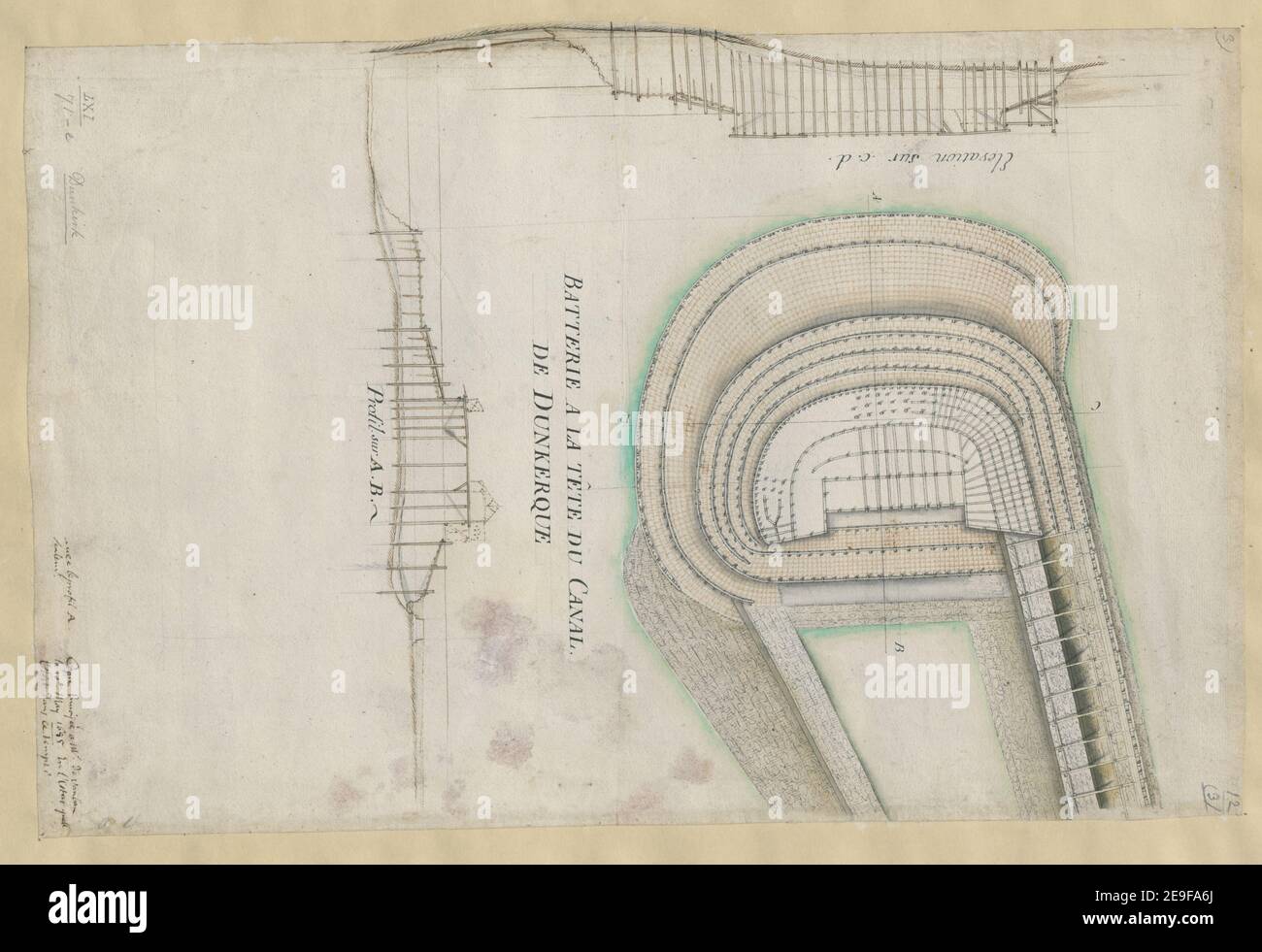 BATTERIE A LA TEÃÇTE DU CANAL DE DUNKERQUE. Karteninformationen: Titel: BATTERIE A LA TEÃÇTE DU CANAL DE DUNKERQUE. 61,71.e. Datum der Veröffentlichung: Mai 1685. Objekttyp: 1 Karte Medium: Tusche und Wasch Maße: 44,6 x 29,2 cm ehemaliger Besitzer: George III, König von Großbritannien, 1738-1820 Stockfoto