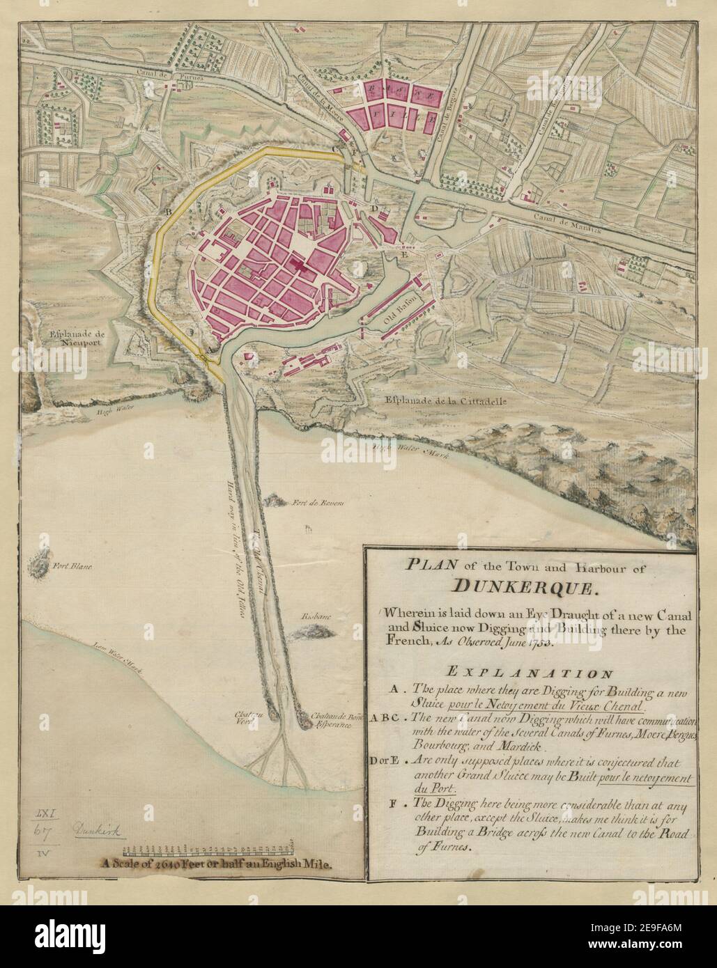 PLAN der Stadt und Hafen von DUNKERQUE Karteninformationen: Titel: PLAN der Stadt und Hafen von DUNKERQUE 61,67.IV. Veröffentlichungsdatum: Juni 1753. Art des Artikels: 1 Karte Medium: Tusche, Wasch- und Körperfarbe Maße: 42,5 x 34 cm ehemaliger Besitzer: George III, König von Großbritannien, 1738-1820 Stockfoto