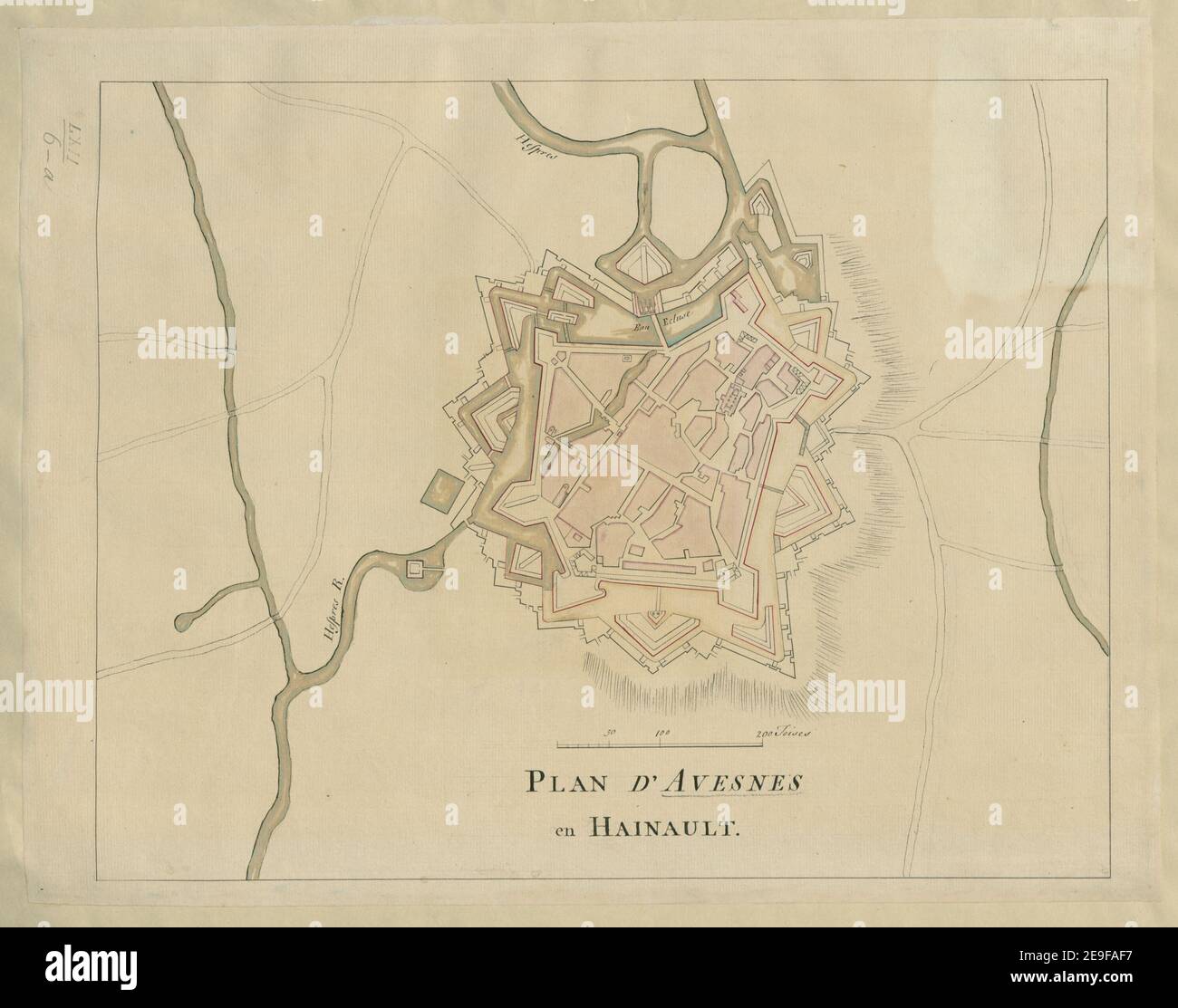 PLAN D'AVESNES EN HAINAULT. Karteninformationen: Titel: PLAN D'AVESNES en HAINAULT. 62,6.a. Veröffentlichungsdatum: [Ungefähr 1700] Artikeltyp: 1 Karte Medium: Ink and wash Größe: 33,4 x 42 cm ehemaliger Besitzer: George III, King of Great Britain, 1738-1820 Stockfoto