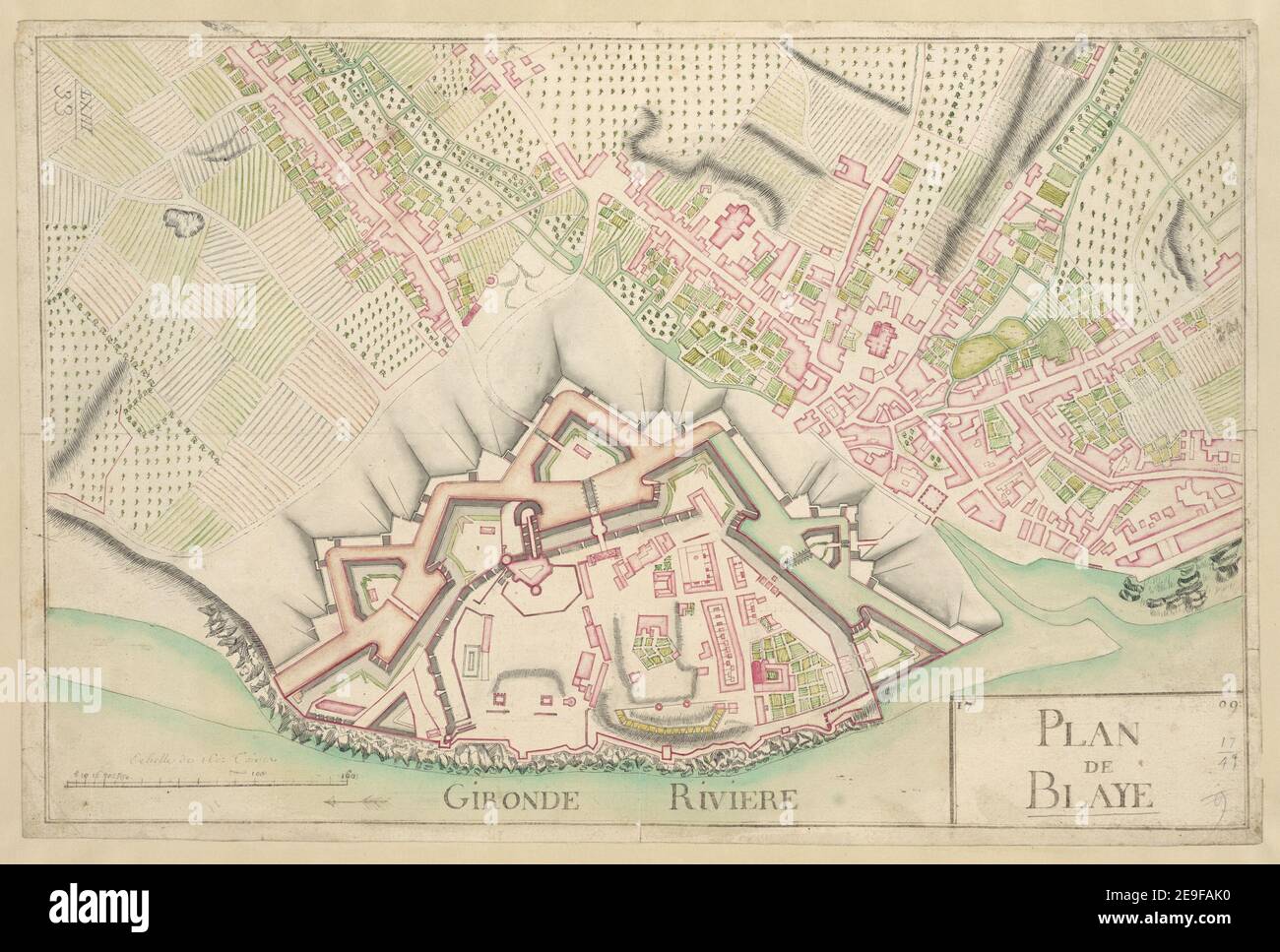 PLAN DE BLAYE 1709. Karteninformationen: Titel: PLAN DE BLAYE 1709. 63,33. Erscheinungsdatum: [Ca. 1700] Objekttyp: 1 Karte Medium: Tusche und Wasch mit etwas Körperfarbe Maße: 31 x 47,5 cm ehemaliger Besitzer: George III., König von Großbritannien, 1738-1820 Stockfoto