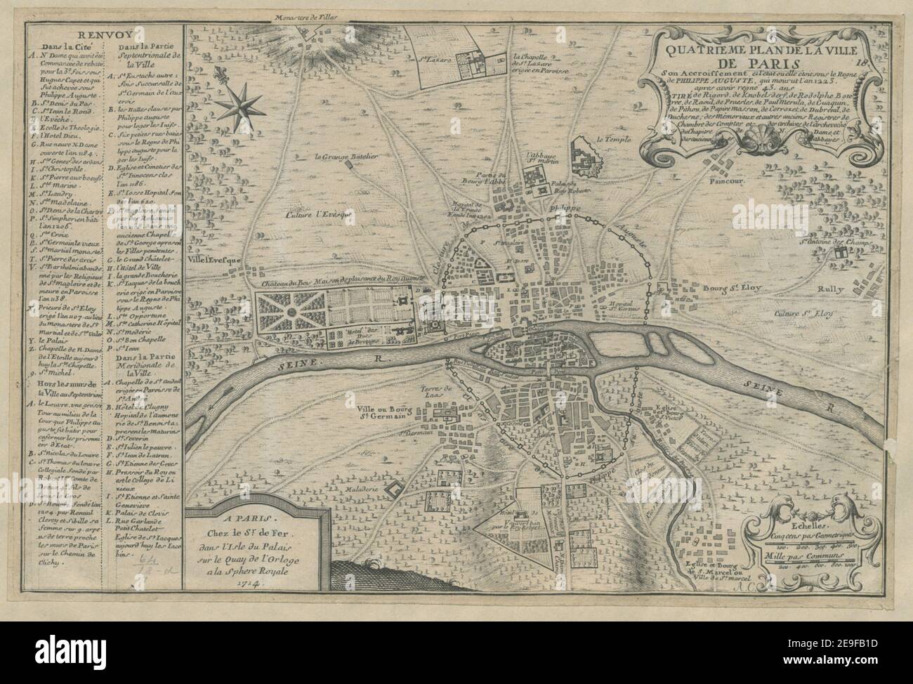 QUATRIEÃÇME PLAN DE LA VILLE DE PARIS Son acroissement et l'Etet ou elle eÃÇtoit sous le Regne de PHILIPPE AUGUSTE, qui mourut l'an 1223. Apres avoir RegneÃÅ 43. Ans Author Fer, Nicolas de 64,18.d,2. Erscheinungsort: A PARIS Verlag: Chez le Sr. De Fer dans l'Isle du Palais sur le Quay de l'Orloge a la Sphere Royale, Erscheinungsdatum: 1714. Art des Artikels: 1 Karte Medium: Kupferstich Maße: 22,2 x 33,2 cm + zusätzliche Medien: Erläuternder Text und Publikationszeile auf separatem Blatt (gedruckt, 16,5 x 22,5 cm) ehemaliger Besitzer: George III, King o Stockfoto