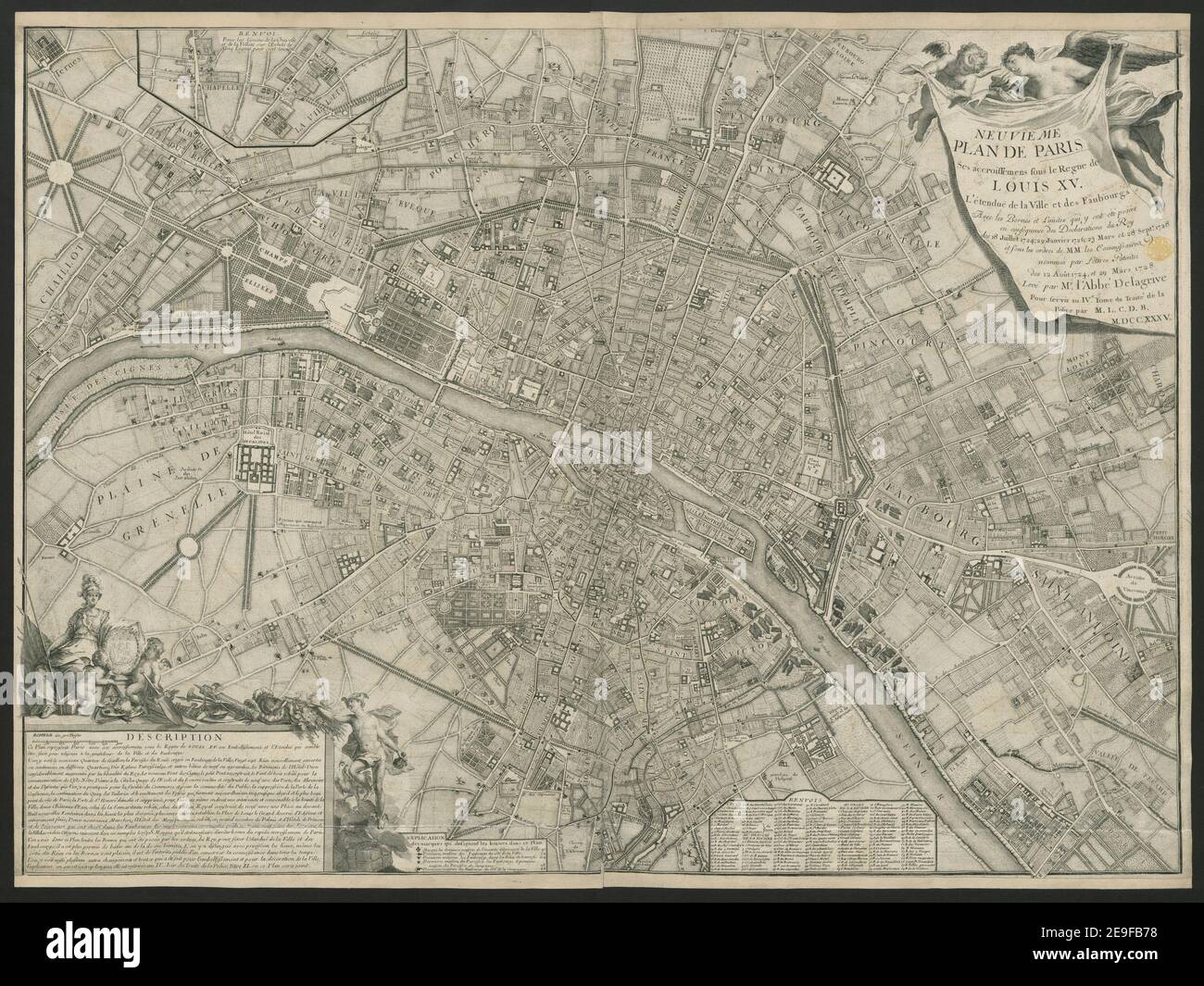 NEUVIEME PLAN DE PARIS Autor Lagrive, Jean de 64,30. Erscheinungsort: [Paris] Verlag: [Verlag nicht identifiziert] Erscheinungsdatum: M.DCC.XXXV. [1735] Objekttyp: 1 Karte Medium: Kupferstich Maße: 60,5 x 84 cm ehemaliger Besitzer: George III., König von Großbritannien, 1738-1820 Stockfoto