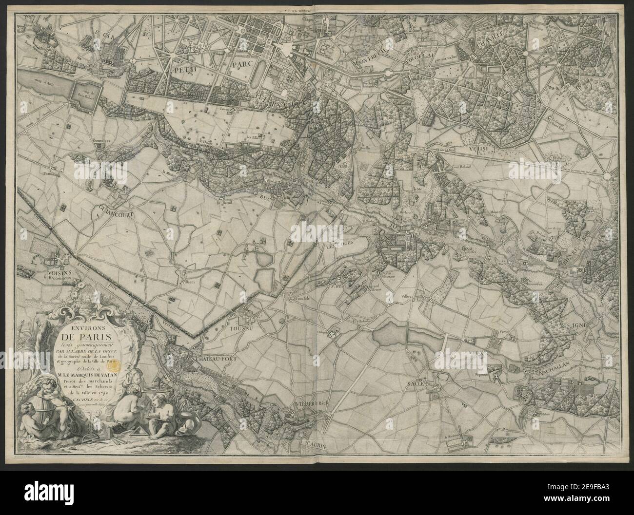 ENVIRONS DE PARIS Autor Lagrive, Jean de 64,7.5. Erscheinungsort: [Paris] Verlag: [Verlag nicht identifiziert] Erscheinungsdatum: 1740. Art des Artikels: 1 Karte Medium: Kupferstich, gedruckt auf neun Blättern Maße: 59,5 x 82,5 cm ehemaliger Besitzer: George III, König von Großbritannien, 1738-1820 Stockfoto