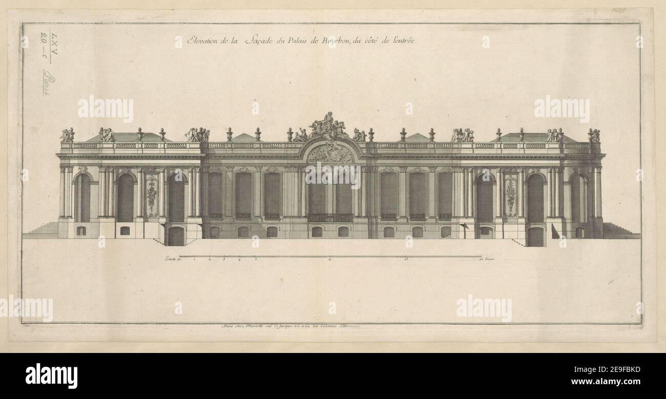 Elevation de la facÃßade du Palais de Bourbon, du coÃÇteÃÅ de l'entreÃÅe. Visuelle Materialinformationen: Titel: Elevation de la facÃßade du Palais de Bourbon, du coÃÇteÃÅ de l'entreÃÅe. 65,20.c. Erscheinungsort: AParis Verlag: chez Mariette rueÃà S. Jacques vis a vis les Colonnes d'Hercules, Erscheinungsdatum: [Zwischen 1730 und 1740] Artikeltyp: 1 Druckmedium: Radierung Maße: Platemark 25,5 x 51,5 cm, auf Blatt 27,5 x 53,5 cm ehemaliger Besitzer: George III., König von Großbritannien, 1738-1820 Stockfoto