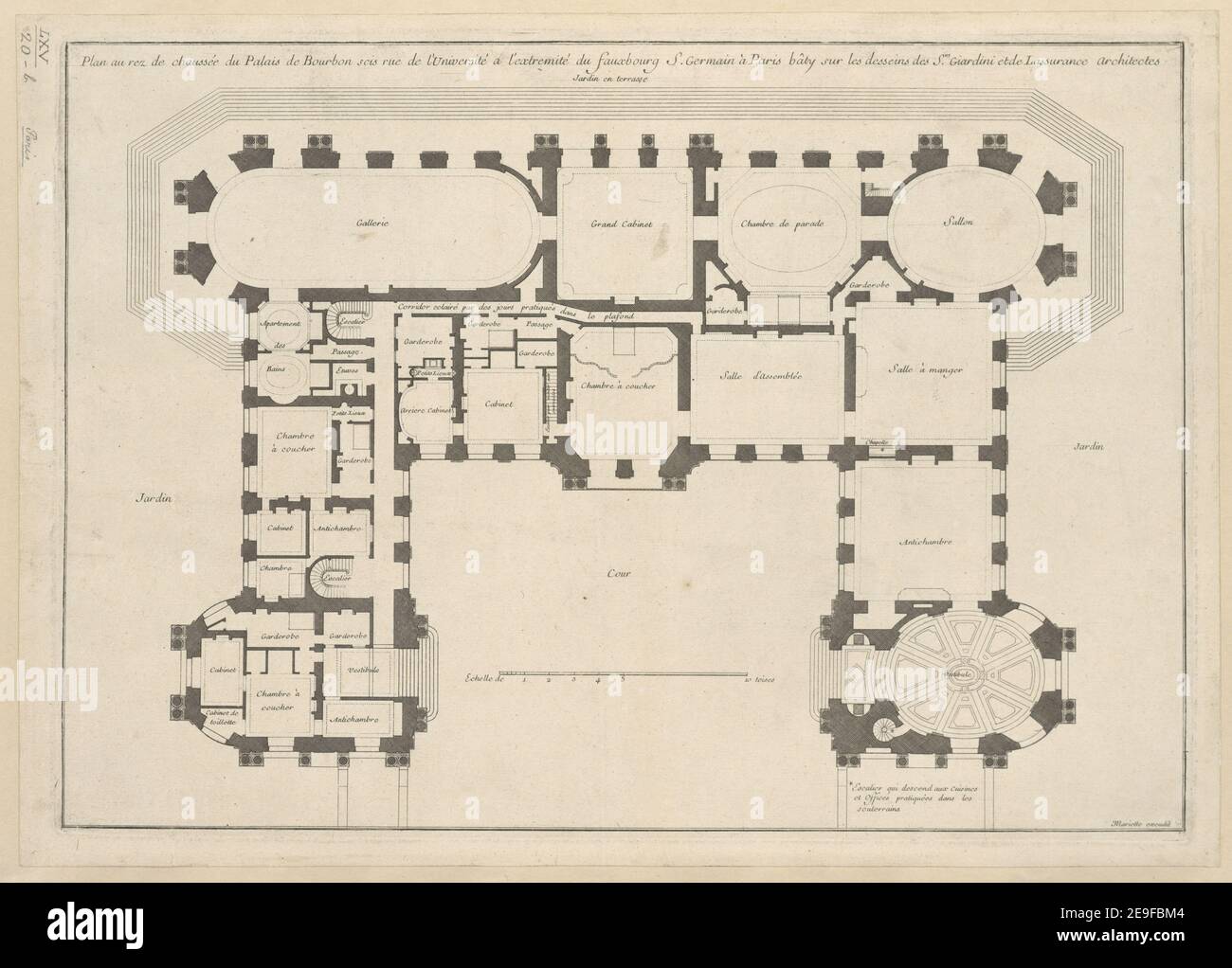 Plan au rez de chausseÃÅe du Palais de Bourbon Bildmaterialinformation: Titel: Plan au rez de chausseÃÅe du Palais de Bourbon 65,20.B. Erscheinungsort: [Paris] Verlag: [Pierre-Jean Mariette] Erscheinungsdatum: [Zwischen 1730 und 1740] Objekttyp: 1 Druckmedium: Radierung Maße: Plattenmark 30,8 x 43,4 cm, auf Blatt 32,5 x 45,8 cm ehemaliger Besitzer: George III., König von Großbritannien, 1738-1820 Stockfoto