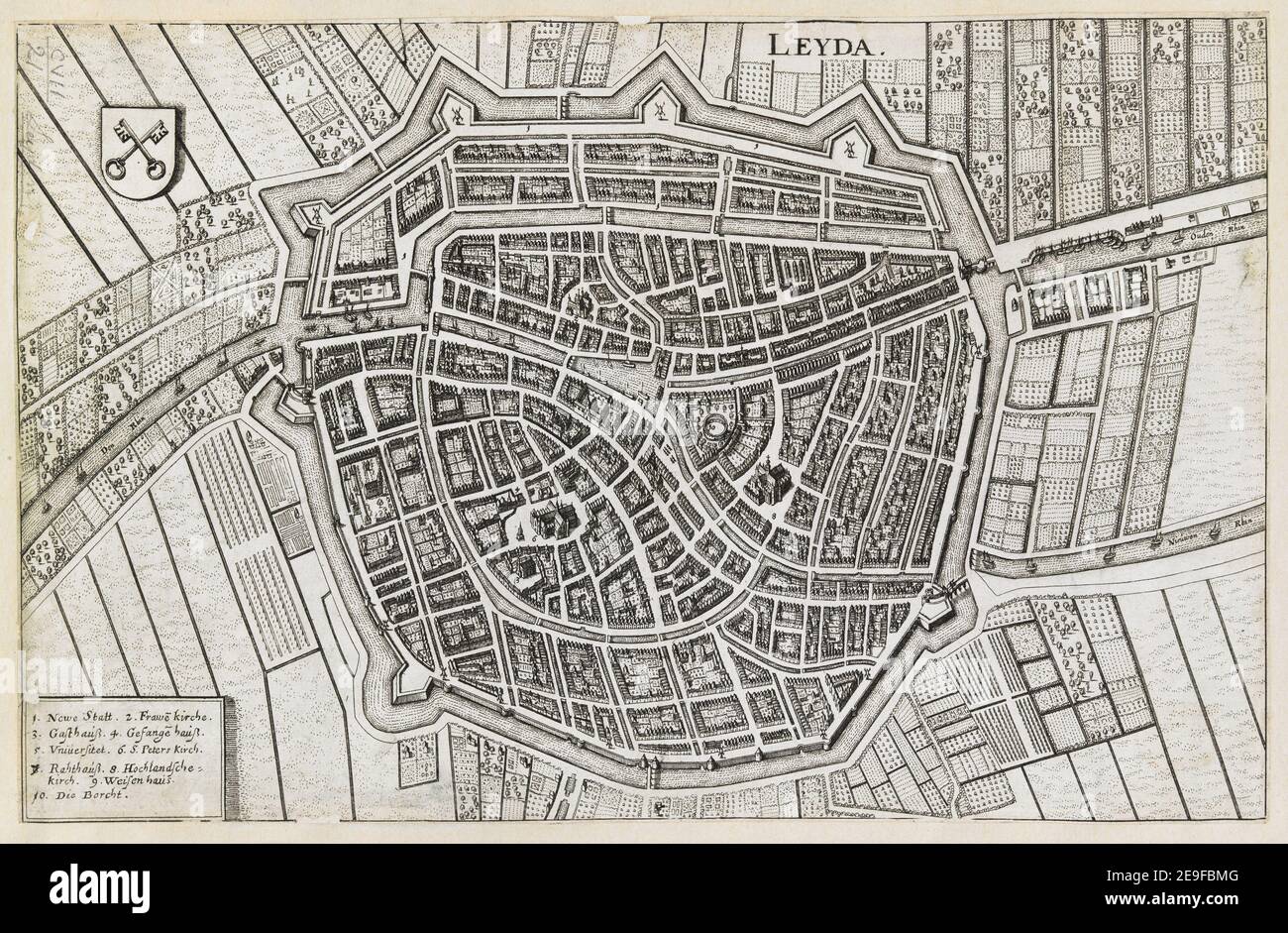 LEYDA. Karteninformationen: Titel: LEYDA. 107,21. Erscheinungsort: [Amsterdam?] Verlag: [Verlag nicht identifiziert] Erscheinungsdatum: [Zwischen 1600 und 1650] Objekttyp: 1 Karte Medium: Kupferstich Maße: 20,3 x 31,7 cm ehemaliger Besitzer: George III, King of Great Britain, 1738-1820 Stockfoto