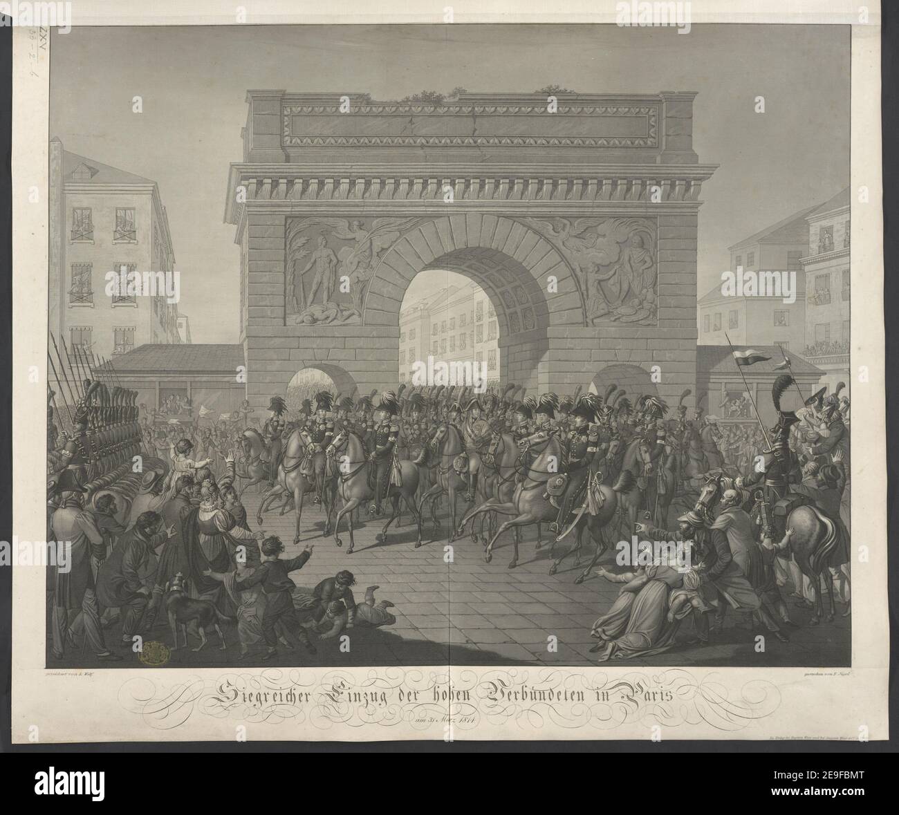 Siegreicher Einzug der hohen VerbuÃàndeten in Paris am 31. März 1814. Autor JuÃàgel, Friedrich 65,33.2.B. Erscheinungsort: [Berlin] Verlag: Im Verlag bei Baptista Weiss und bei Gaspare Weiss et C¬∞ in Berlin, Erscheinungsdatum: [Zwischen 1814 und 1816] Artikeltyp: 1 Print Medium: Radierung und Aquatinta Maße: Blatt 49 x 58,5 cm (getrimmt) ehemaliger Besitzer: George III., König von Großbritannien, 1738-1820 Stockfoto