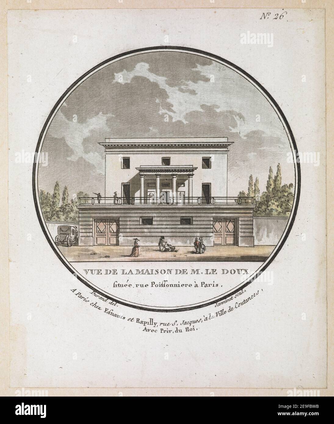 VUE DE MAISON DE M. LE DOUX situeÃÅe rue Poissonniere aÃÄ Paris. Autor Janinet, Jean-FrancÃßois 65,4.2,26. Erscheinungsort: A Paris Verlag: chez Esnauts et Rapilly, rue St Jacques, aÃÄ la Ville de Coutances, Avec Priv.-du ROI., Erscheinungsdatum: [Zwischen 1785-1792] Artikelnummer: 1 Druckmedium: Radierung mit Handkolorierung Maße: Blatt 14,4 x 12 cm. Ehemaliger Besitzer: George III., König von Großbritannien, 1738-1820 Stockfoto