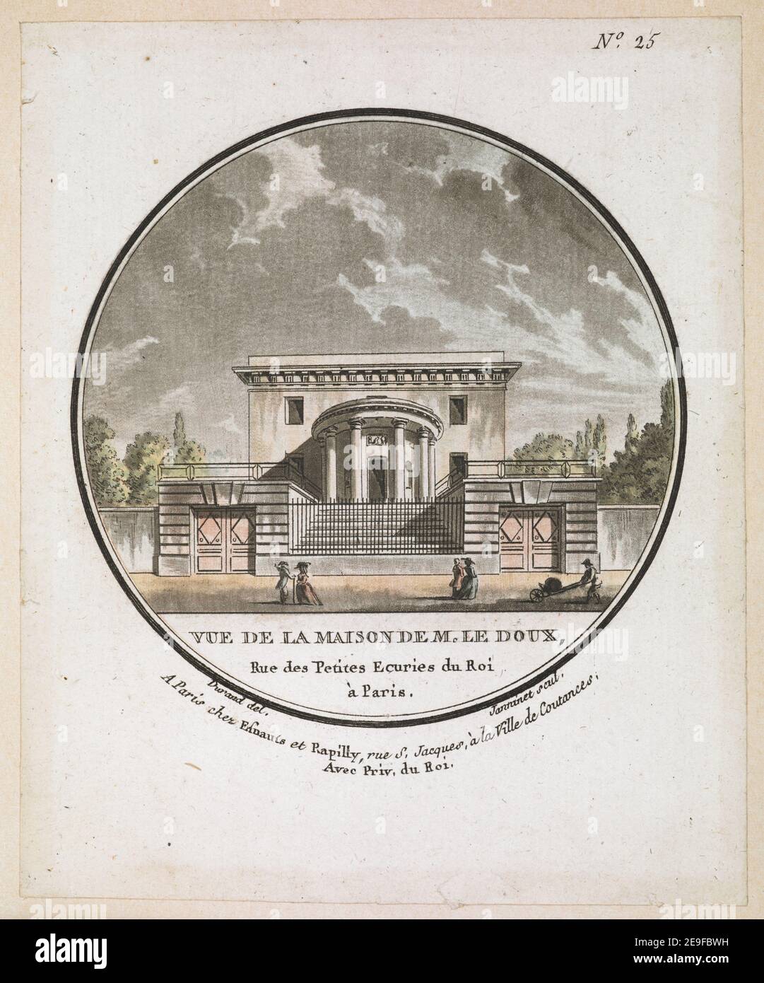 VUE DE MAISON DE M. LE DOUX Rue des Petites Ecuries du ROI aÃÄ Paris. Autor Janinet, Jean-FrancÃßois 65,4.2,25. Erscheinungsort: A Paris Verlag: chez Esnauts et Rapilly, rue St Jacques, aÃÄ la Ville de Coutances, Avec Priv.-du ROI., Erscheinungsdatum: [Zwischen 1785-1792] Artikelnummer: 1 Druckmedium: Radierung mit Handkolorierung Maße: Blatt 14,4 x 11,9 cm. Ehemaliger Besitzer: George III., König von Großbritannien, 1738-1820 Stockfoto