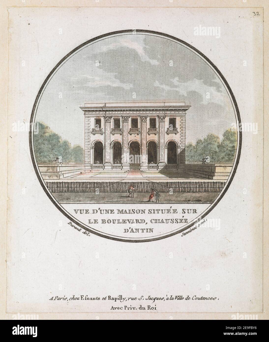 VUE D'UNE MAISON SITUEÃÅE SUR LE BOULEVARD, CHAUSEÃÅE D'ANTIN. Autor Janinet, Jean-FrancÃßois 65,4.2,32. Erscheinungsort: A Paris Verlag: chez Esnauts et Rapilly, rue St Jacques, aÃÄ la Ville de Coutances, Avec Priv.-du ROI., Erscheinungsdatum: [Zwischen 1785-1792] Artikelnummer: 1 Druckmedium: Radierung mit Handkolorierung Maße: Blatt 14,5 x 12,1 cm. Ehemaliger Besitzer: George III., König von Großbritannien, 1738-1820 Stockfoto