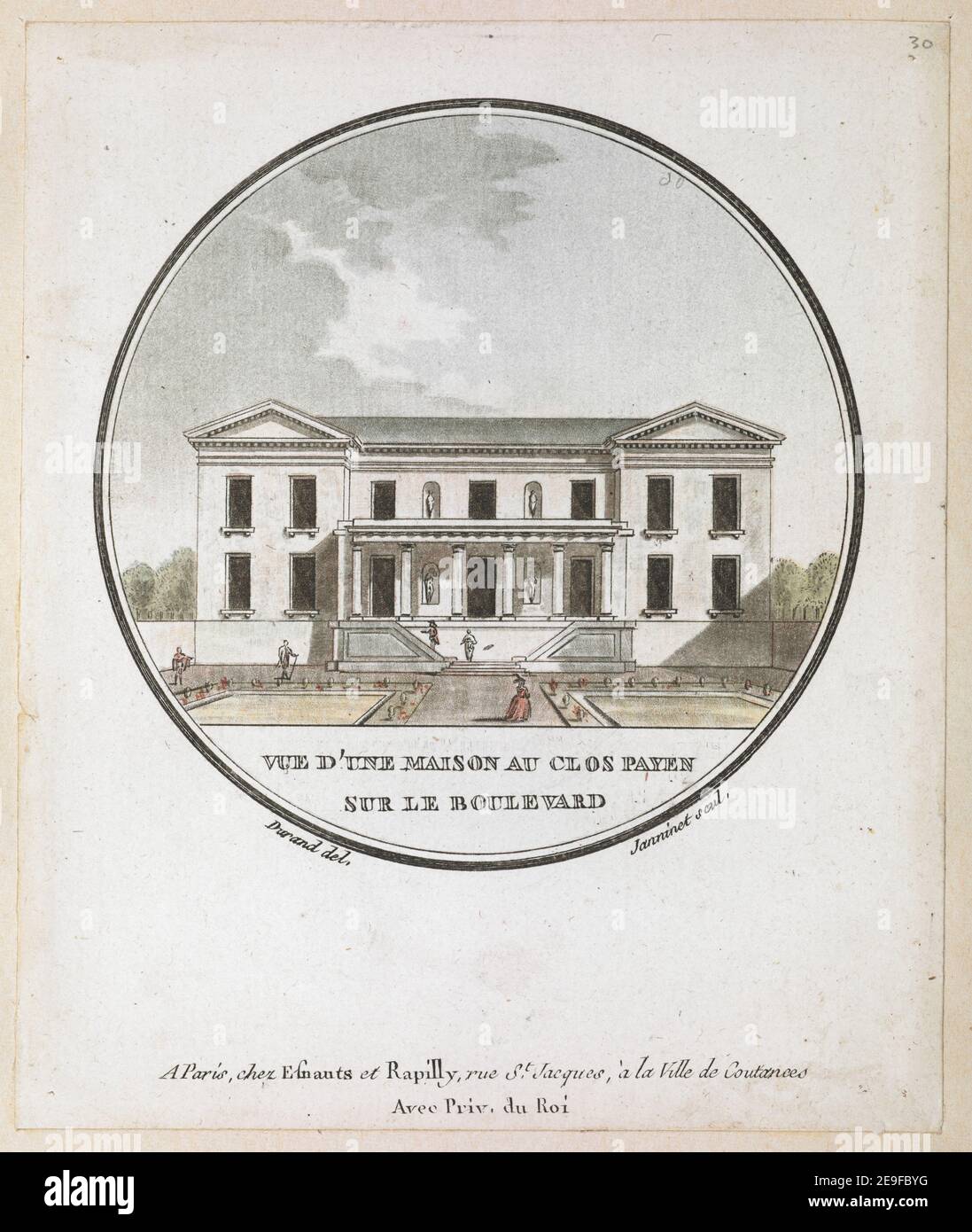VUE D'UNE MAISON AU CLOS PAYEN SUR LE BOULEVARD. Autor Janinet, Jean-FrancÃßois 65,4.2,30. Erscheinungsort: A Paris Verlag: chez Esnauts et Rapilly, rue St Jacques, aÃÄ la Ville de Coutances, Avec Priv.-du ROI., Erscheinungsdatum: [Zwischen 1785-1792] Artikelnummer: 1 Druckmedium: Radierung mit Handkolorierung Maße: Blatt 14,5 x 12,1 cm. Ehemaliger Besitzer: George III., König von Großbritannien, 1738-1820 Stockfoto
