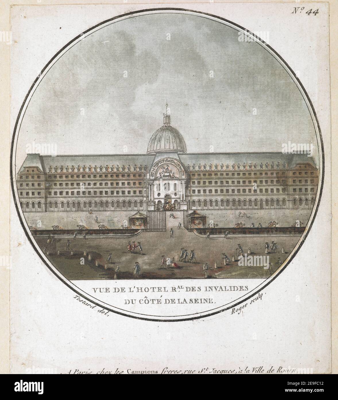 VUE DE L'HOTEL RAL DES INVALIDES DU COÃÇTEÃÅ DE LA SEINE. Autor Roger, BartheÃÅlemy Joseph Fulcran 65,4.2,44. Erscheinungsort: A Paris Verlag: chez les Campions freres, rue St Jacques, aÃÄ la Ville de Rouen, Avec Priv.-du ROI., Erscheinungsdatum: [Zwischen 1785-1792] Objekttyp: 1 Druckmedium: Radierung mit Handkolorierung Maße: Blatt 14,7 x 12,8 cm. Ehemaliger Besitzer: George III., König von Großbritannien, 1738-1820 Stockfoto