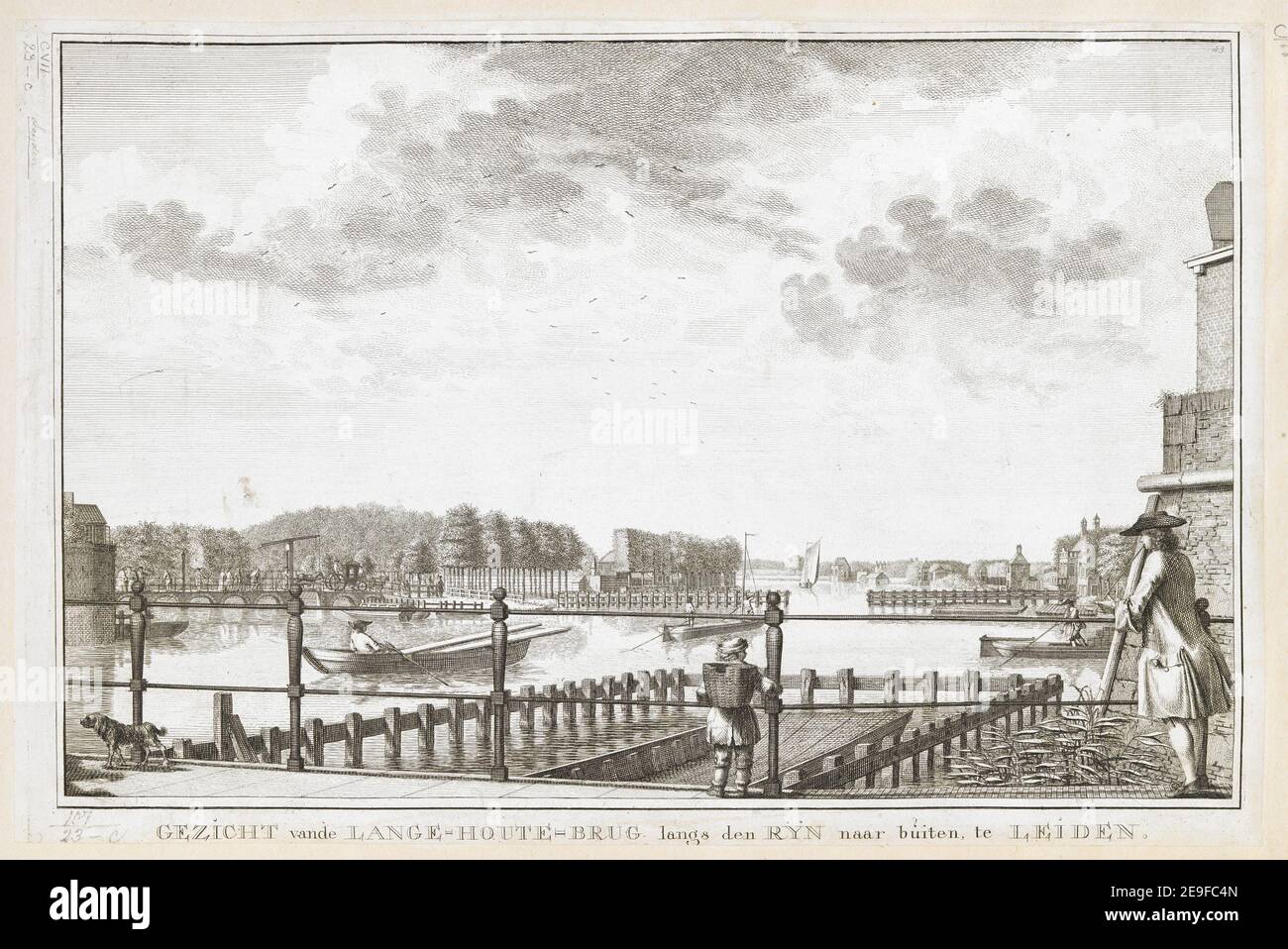 GEZICHT vande LANGE HOUTE BRUG lange den RYN naar buiten te LEIDEN. Autor Meer, N. van der 107,23.c. Ort der Veröffentlichung: [Leiden?] Verlag: [Noach van der Meer] Erscheinungsdatum: [1763] Objekttyp: 1 Druckmedium: Radierung und Gravur Maße: Blatt 27,6 x 42,1 cm (getrimmt) ehemaliger Besitzer: George III., König von Großbritannien, 1738-1820 Stockfoto