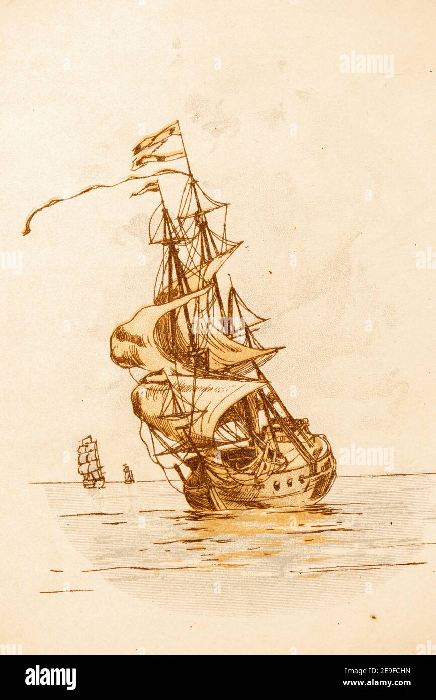 Ein Hochschiff, das die Meere segelt, Roninson Crucoe, adoptiert von J. Lohmeyer, Aquarelle von Carl Marr, Leipzig um 1890 Stockfoto