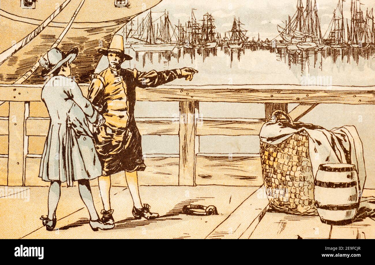 Zwei Kaufleute diskutieren auf einer Anlegestelle im Hamburger Hafen, Roninson Crucoe, adoptiert von J. Lohmeyer, Aquarelle von Carl Marr, Leipzig um 1890 Stockfoto
