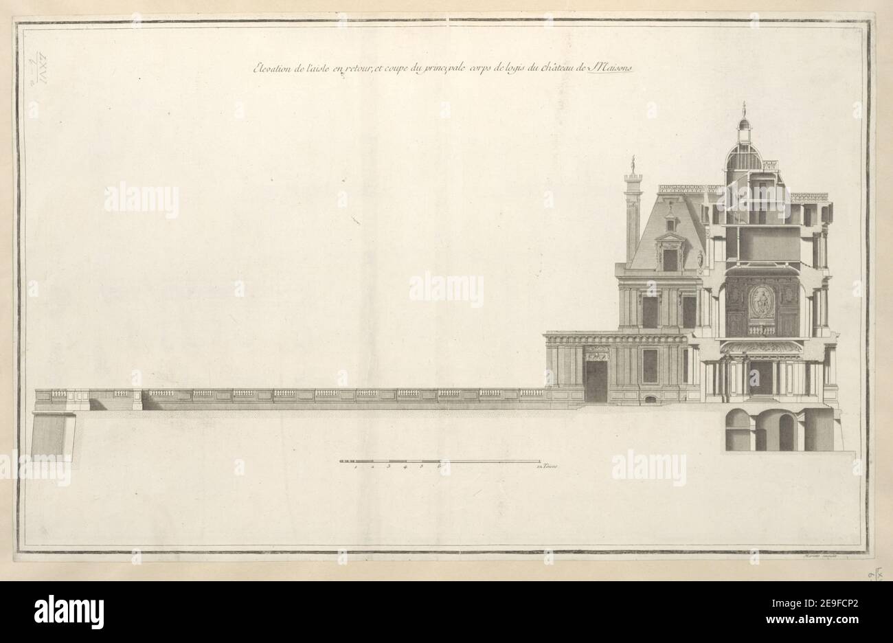 Elevation de l'aisle en retour, et coupé du principle Corps de logis du ChaÃÇteau de Maisons. Autor Chevotet, Jean-Michel 66,6.e. Erscheinungsort: [Paris] Verlag: Mariette excudit., Erscheinungsdatum: [1727] Objekttyp: 1 Druckmedium: Radierung und Gravur Maße: Blatt 38,5 x 60,5 cm [getrimmt innerhalb Platemark] ehemaliger Besitzer: George III., König von Großbritannien, 1738-1820 Stockfoto