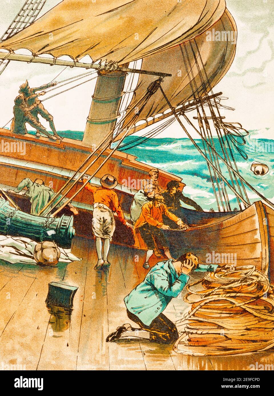 Robinson an Bord eines bei stürmischem Wetter sinkenden Schiffes, Robinson Crusoe, adoptiert von J. Lohmeyer, Aquarelle von Carl Marr, Leipzig um 1890 Stockfoto
