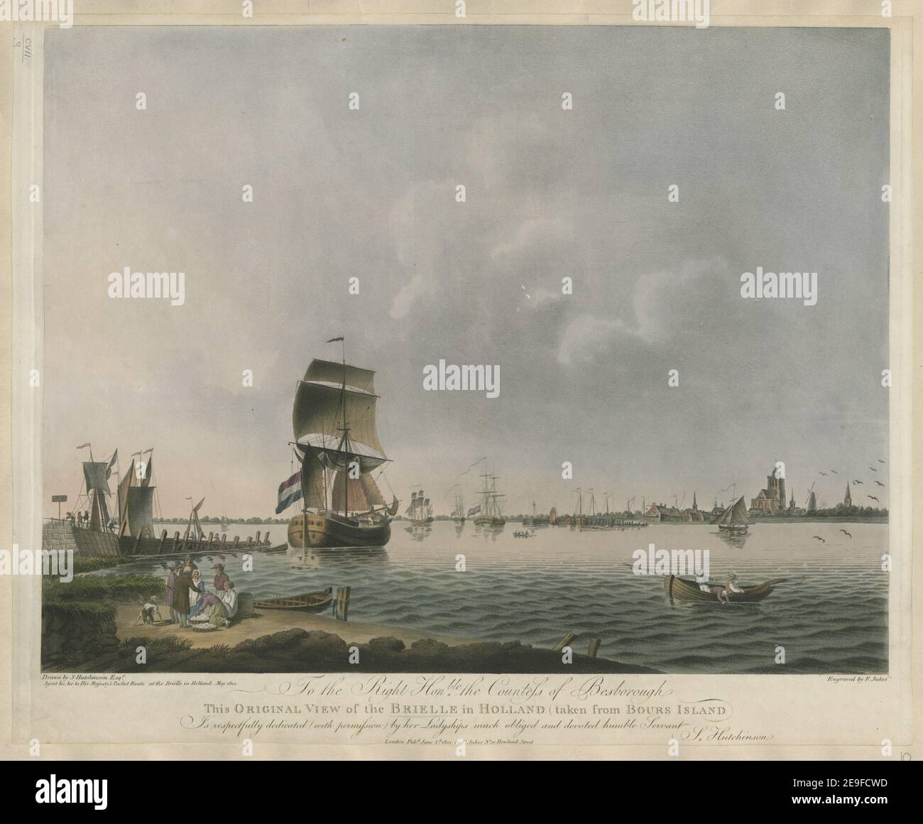 Rechts Honble Gräfin von Besborough Diese ORIGINALANSICHT der BRIELLE in HOLLAND (aufgenommen auf der INSEL BOURS) Autor Jukes, Francis 107,3. Erscheinungsort: London Verlag: Pubd June 3rd 1801 by F. Jukes Howland Street., Erscheinungsdatum: [Juni 3 1801] Objekttyp: 1 Print Medium: Aquatinta und Radierung mit Handkolorierung Maße: Blatt 42,2 x 51,6 cm Ex-Besitzer: George III, King of Great Britain, 1738-1820 Stockfoto