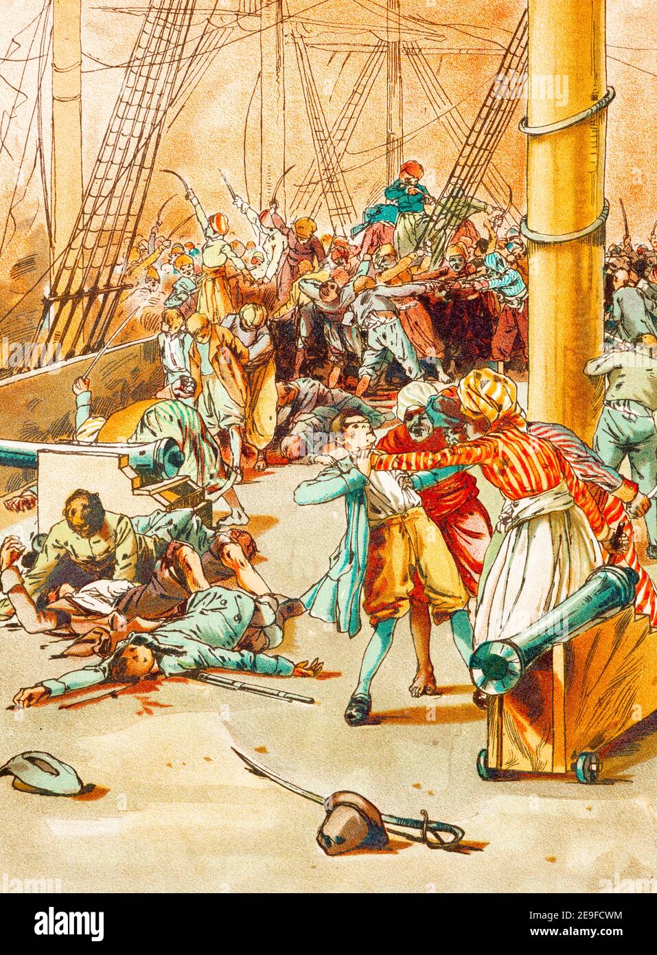 Kampf gegen die Piraten bei Saleh vor der Küste von Marokko, Robinson Crusoe, adoptiert von J. Lohmeyer, Aquarelle von Carl Marr, Leipzig um 1890 Stockfoto