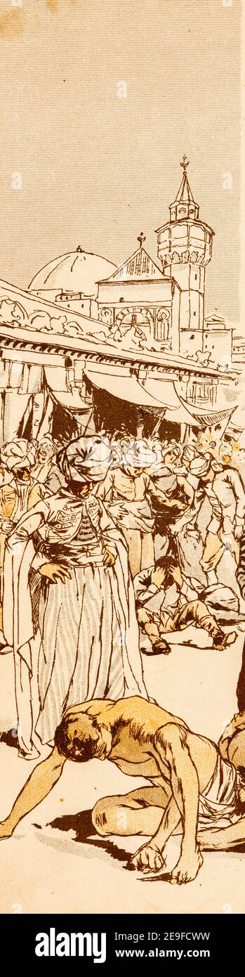 Robinson wird auf dem Sklavenmarkt in Marokko in die Sklaverei genommen, cRobinson Crusoe, adoptiert von J. Lohmeyer, Aquarelle von Carl Marr, Leipzig um 1890 Stockfoto