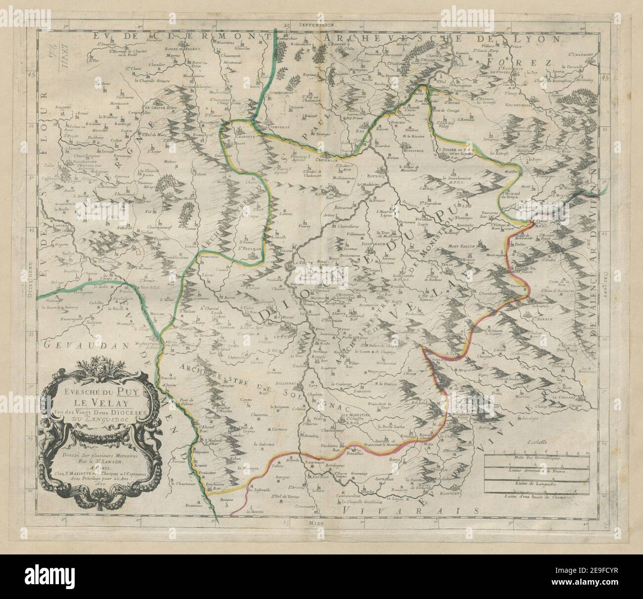 EVESCHEÃÅ DU PUY LE VELAY Autor Sanson, Guillaume 67,24. Erscheinungsort: A PARIS Verlag: Chez P. MARIETTE rue St. Iacques a l'Esperance Avec Privilege pour 20 ans, Erscheinungsdatum: 1670. Objekttyp: 1 Karte Medium: Handkolorierter Kupferstich Maße: 35,2 x 41 cm ehemaliger Besitzer: George III, König von Großbritannien, 1738-1820 Stockfoto