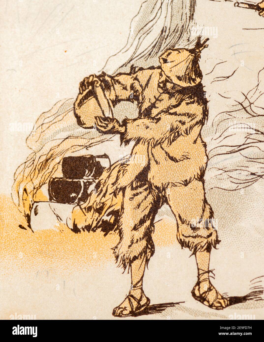 Robinson bereitet sein Essen über offenem Feuer vor, Robinson Crusoe, adoptiert von J. Lohmeyer, Aquarelle von Carl Marr, Leipzig um 1890 Stockfoto